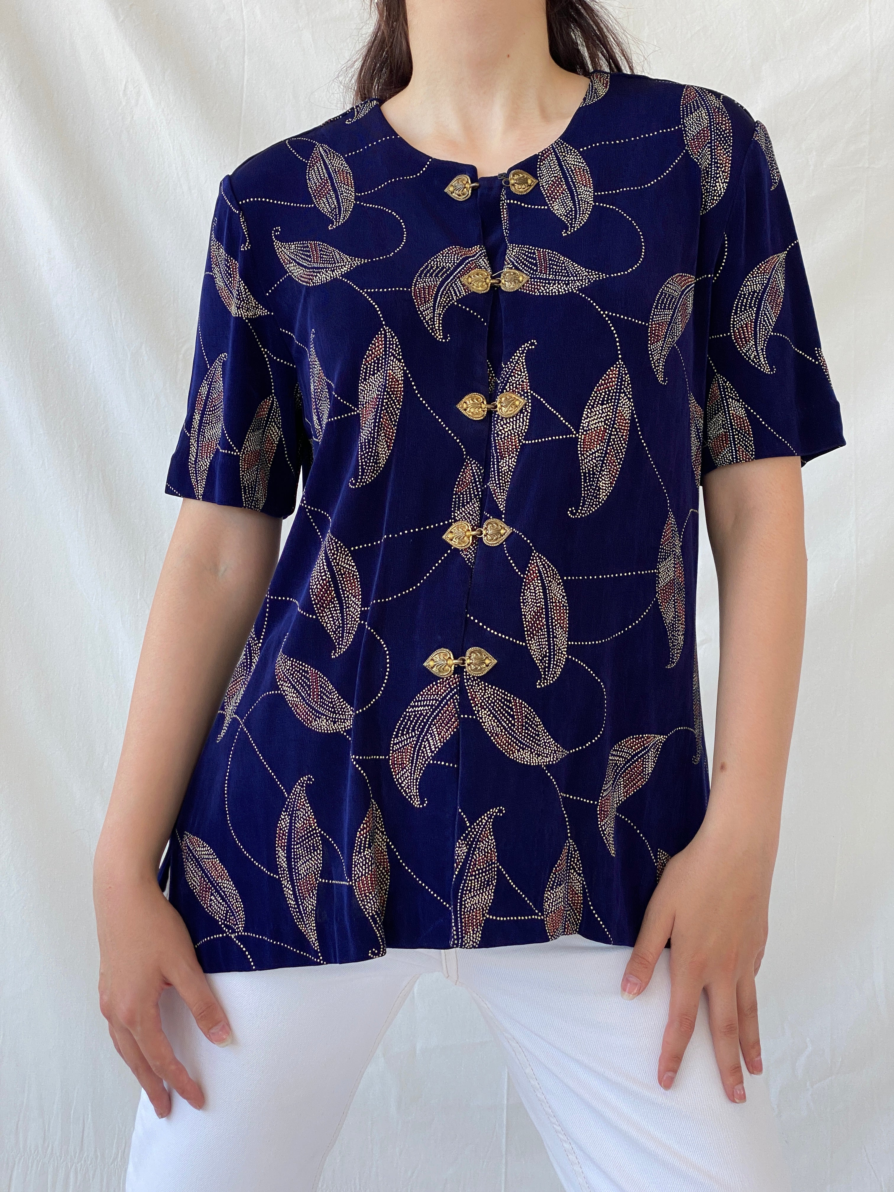 Vintage Navy Blue Gold Leaf Print Cardigan Blouse with Ornate Bronze Clasp Closures - L - Balagan Vintage Half Sleeve Shirt 00s, Ayah, cardigan, Coquette, Cottage core, half sleeve shirt, NEW IN, shirt, women shirt