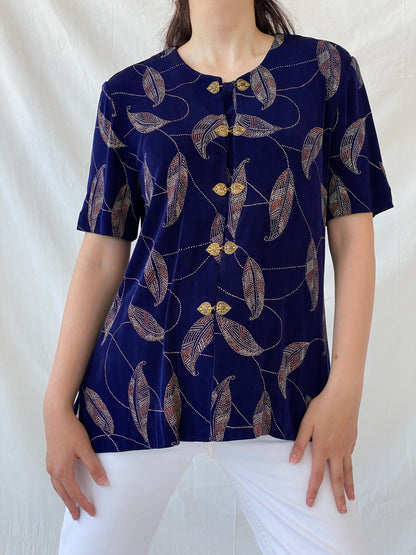 Vintage Navy Blue Gold Leaf Print Cardigan Blouse with Ornate Bronze Clasp Closures - L - Balagan Vintage Half Sleeve Shirt 00s, Ayah, cardigan, Coquette, Cottage core, half sleeve shirt, NEW IN, shirt, women shirt