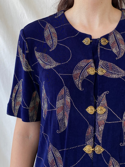 Vintage Navy Blue Gold Leaf Print Cardigan Blouse with Ornate Bronze Clasp Closures - L - Balagan Vintage Half Sleeve Shirt 00s, Ayah, cardigan, Coquette, Cottage core, half sleeve shirt, NEW IN, shirt, women shirt