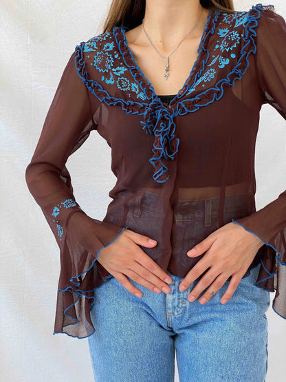 Vintage NDEH Floral Embroidered Sheer Top - Balagan Vintage Mesh Top Deals, floral mesh, full sleeve top, mesh top, Mira