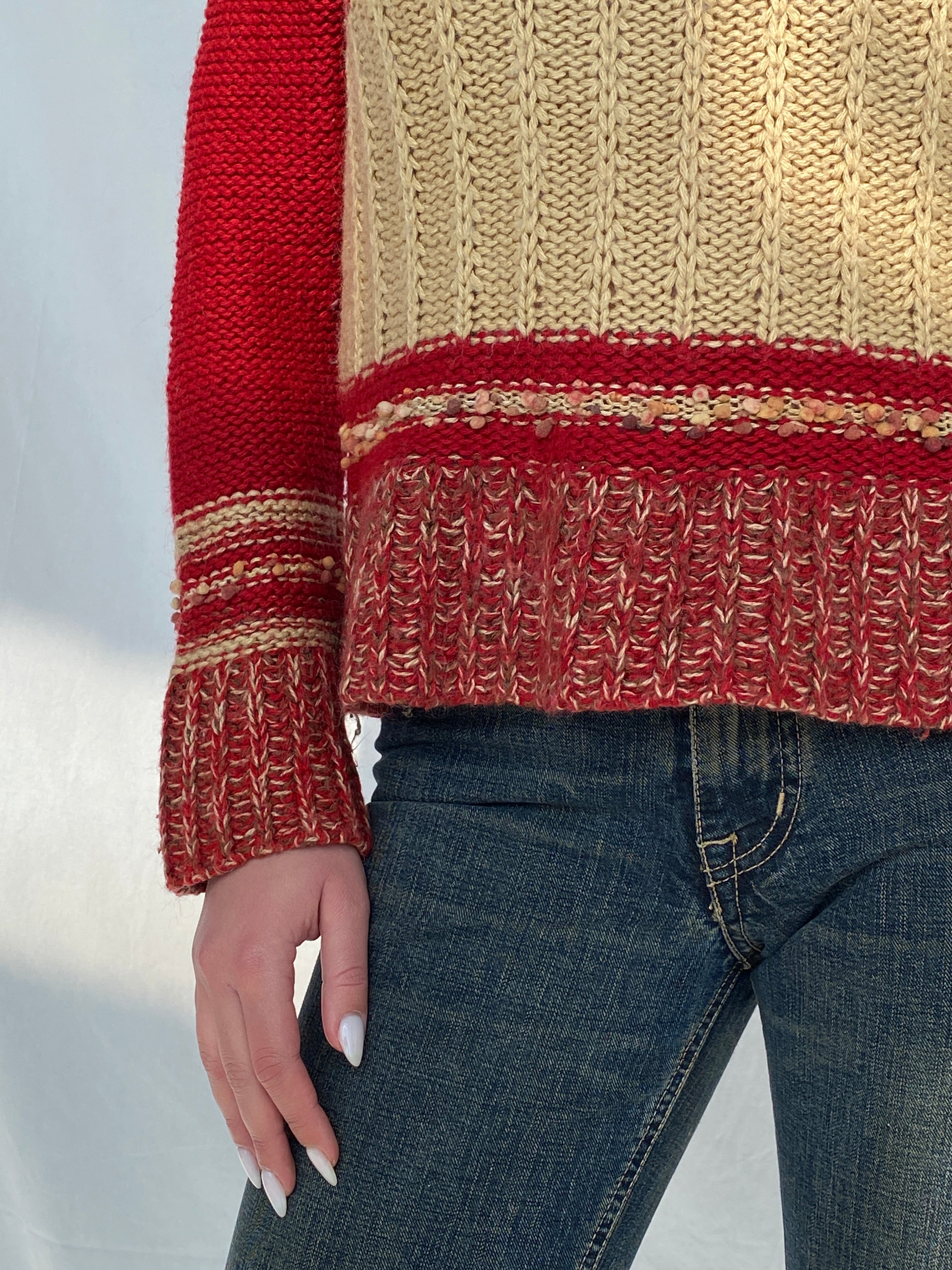 Vintage NEW MOON Wool & Mohair Blend Crew Neck Red & Beige Knitted Sweater - M - Balagan Vintage Full Sleeve Top 00s, Fatima, full sleeve top, knit, knitted, knitted sweater, sweater, winter, women top