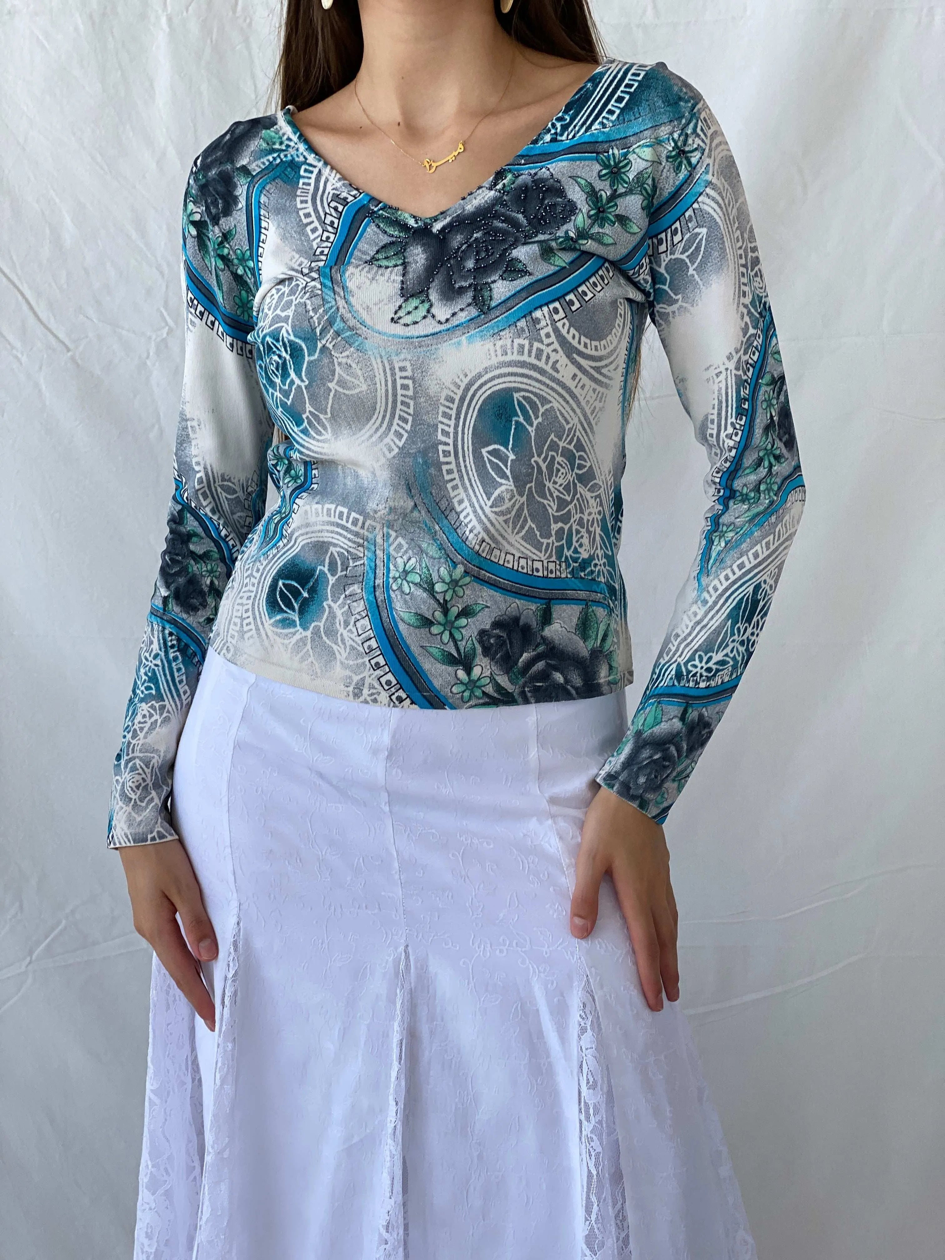 Vintage New Sensation Beaded Blue Floral Long Sleeve Top - L - Balagan Vintage Full Sleeve Top 90s, floral, floral print, floral top, Mira, women top