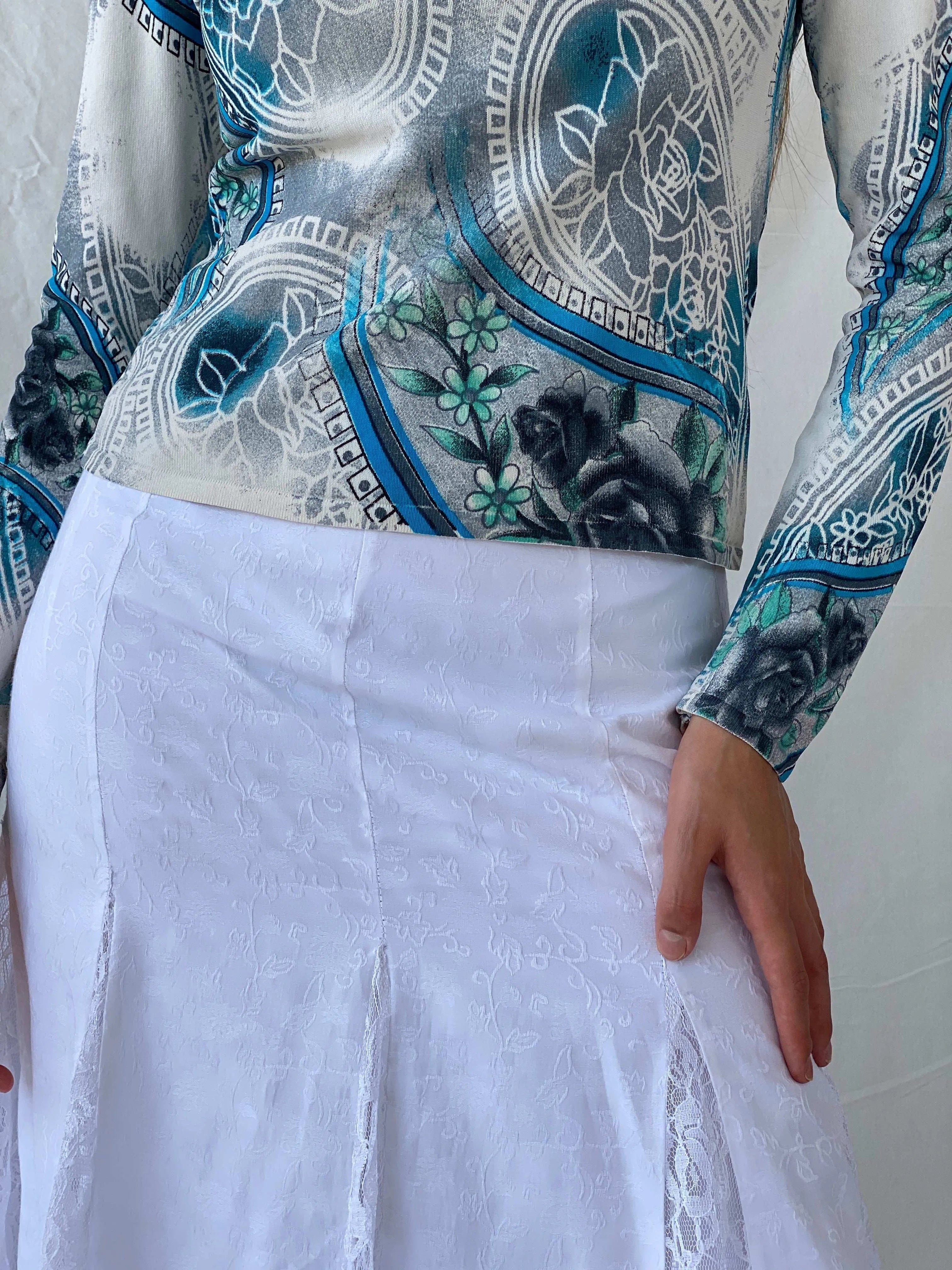 Vintage New Sensation Beaded Blue Floral Long Sleeve Top - L - Balagan Vintage Full Sleeve Top 90s, floral, floral print, floral top, Mira, women top