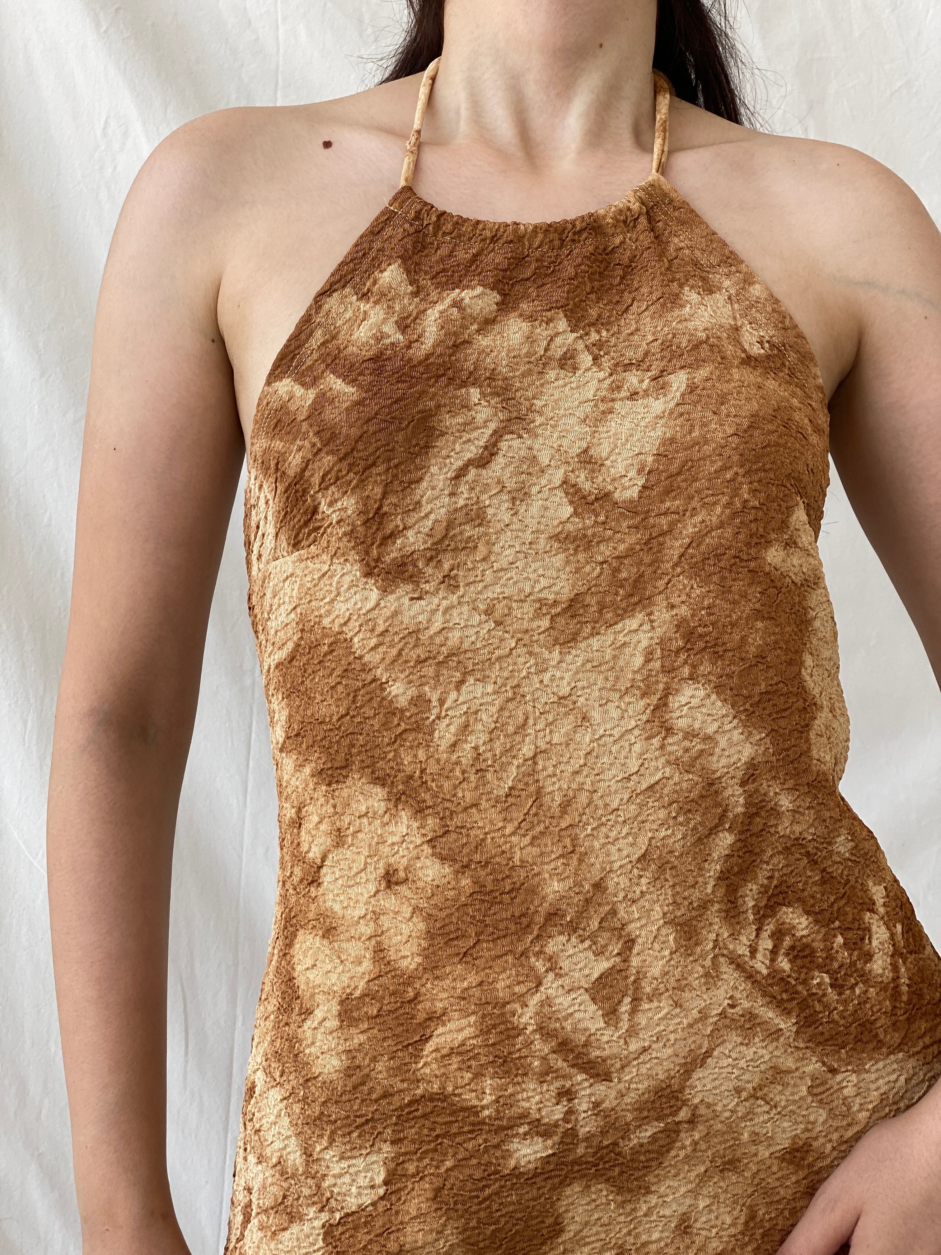 Vintage NICONETTI by Nina’s Fashion Brown Tie-dye Mini Textured Halter Dress - M - Balagan Vintage Midi Dress 90s dress, Ayah, dress, Halter Dress, midi dress, NEW IN, silk, summer dress