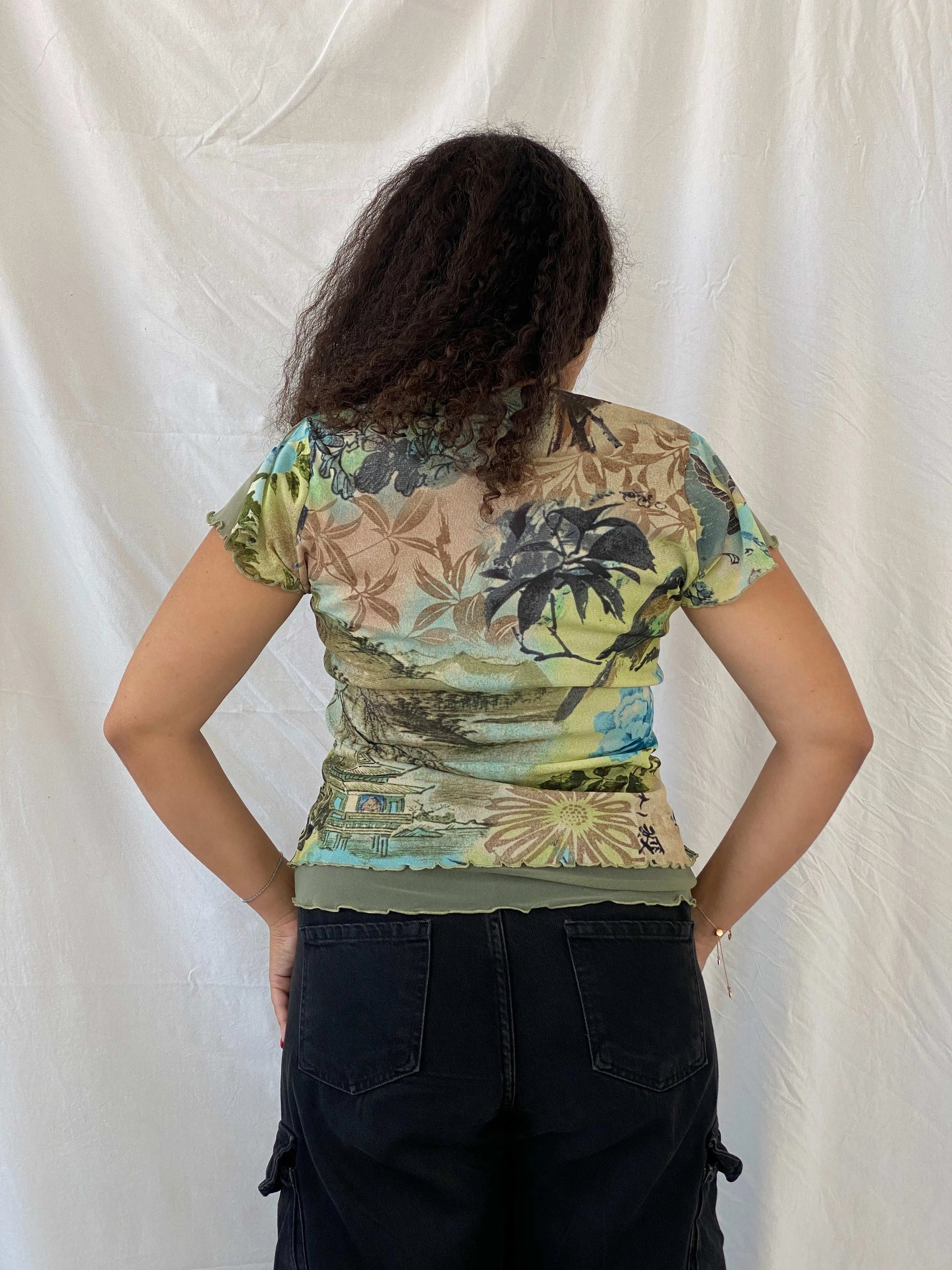 Vintage Nina Kalio Floral Green Mesh Top Size XL - Balagan Vintage Half Sleeve Top 00s, 90s, Dina, floral mesh, floral top, mesh