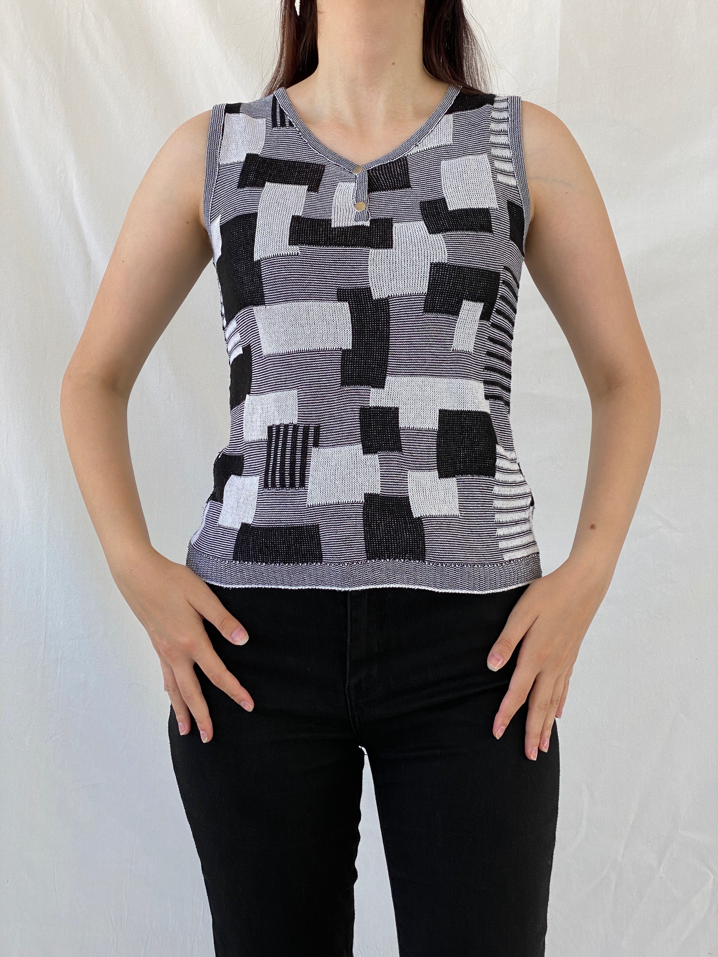Vintage Nisan Triko Black White Geometric Knitted Cotton Tank Top - S - Balagan Vintage Sleeveless Top 00s, Ayah, NEW IN, summer, women top