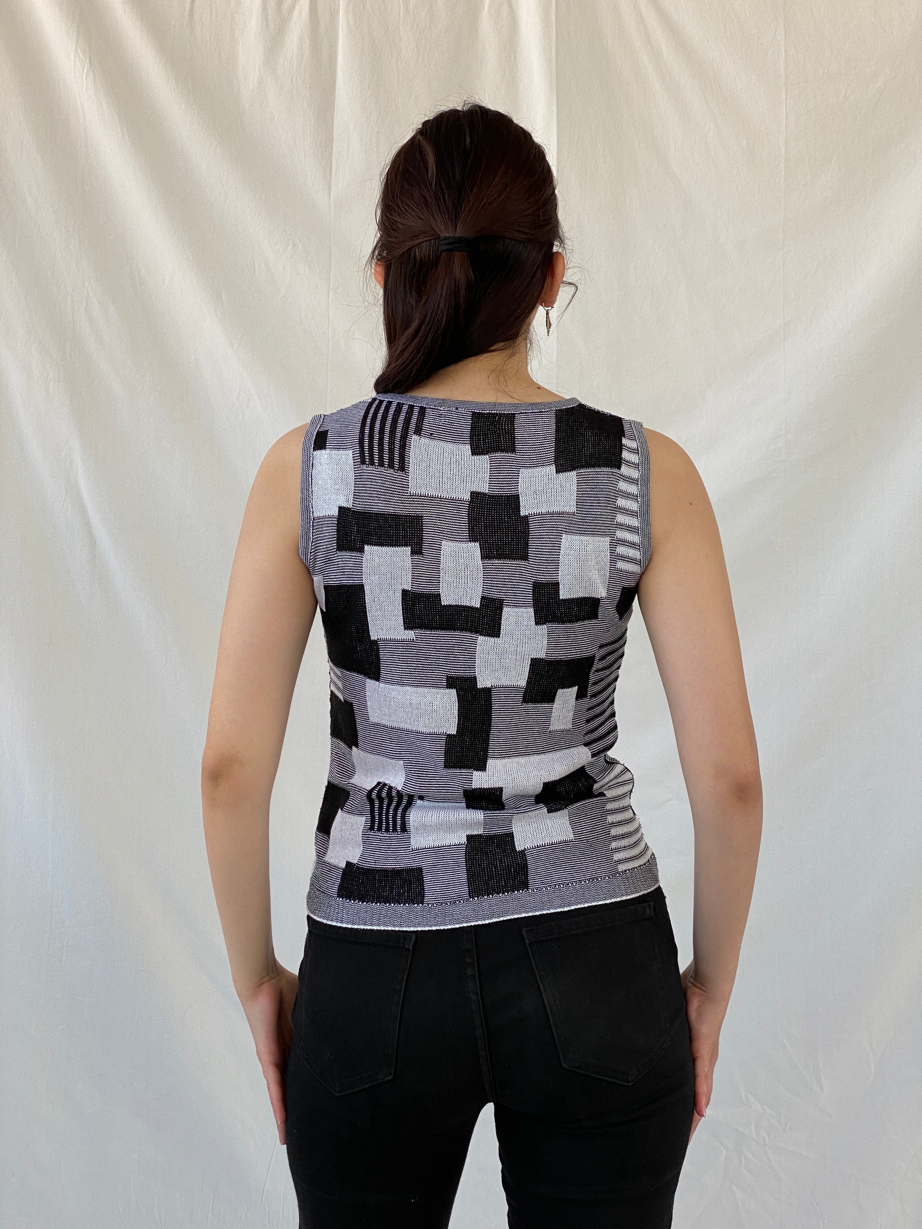 Vintage Nisan Triko Black White Geometric Knitted Cotton Tank Top - S - Balagan Vintage Sleeveless Top 00s, Ayah, NEW IN, summer, women top