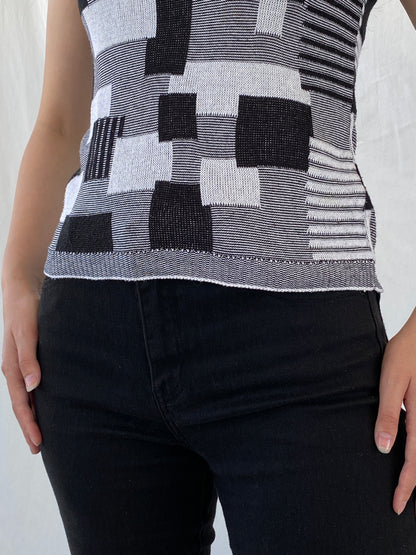 Vintage Nisan Triko Black White Geometric Knitted Cotton Tank Top - S - Balagan Vintage Sleeveless Top 00s, Ayah, NEW IN, summer, women top