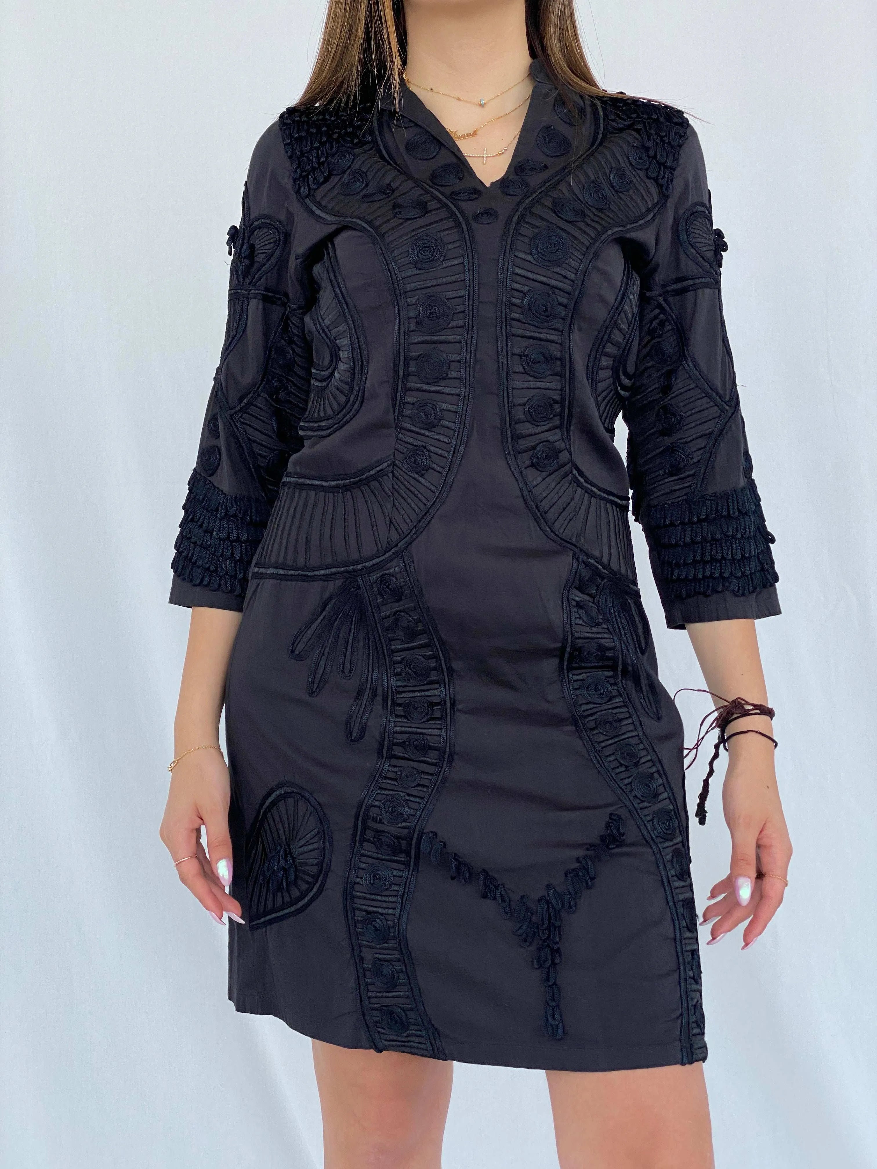 Vintage Niza Moda Bohemian 3/4 Sleeve Black Midi Dress Size M - Balagan Vintage Midi Dress 90s, black dress, Deals, dress, Juana, midi dress