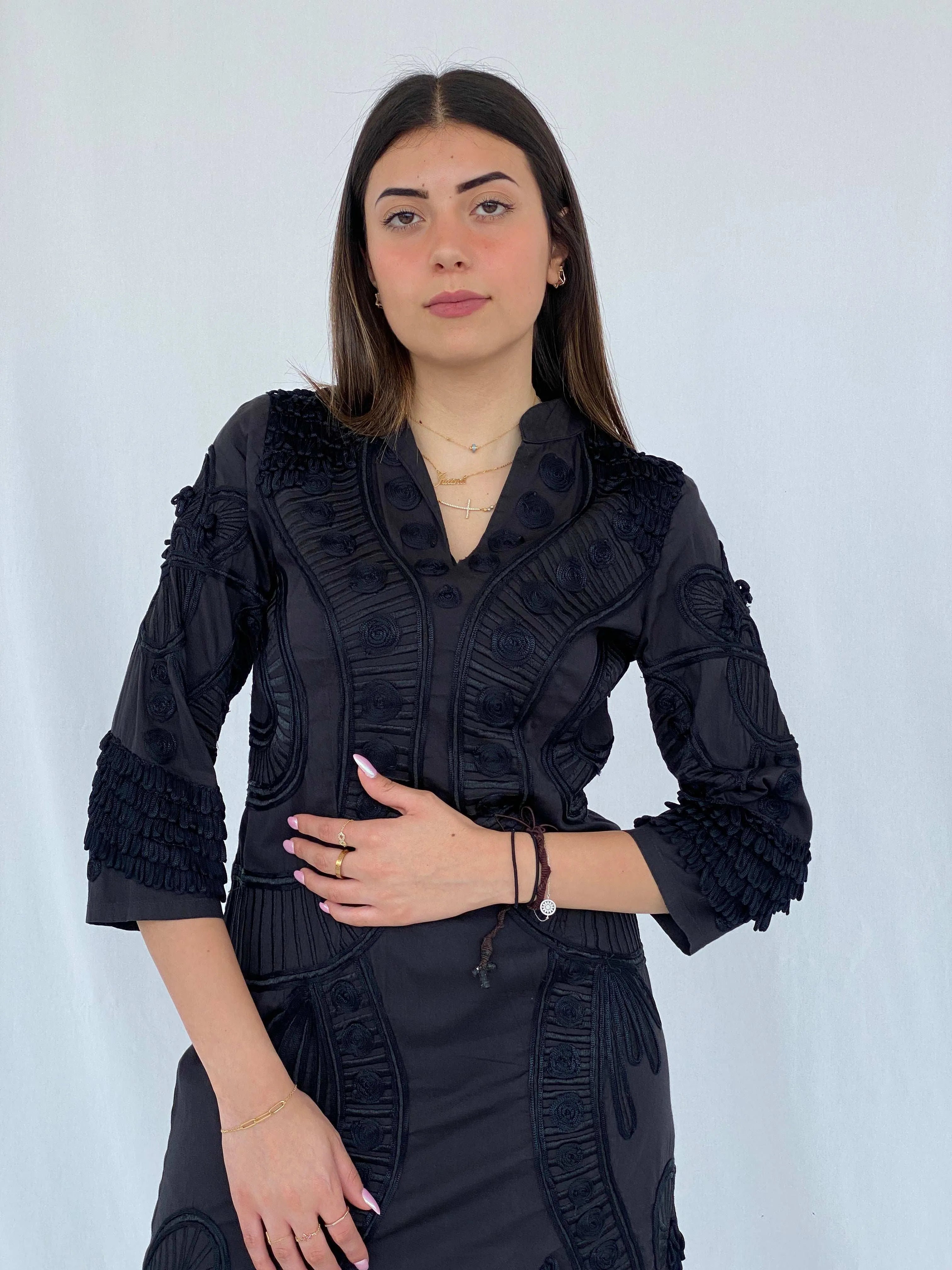 Vintage Niza Moda Bohemian 3/4 Sleeve Black Midi Dress Size M - Balagan Vintage Midi Dress 90s, black dress, dress, Juana, midi dress