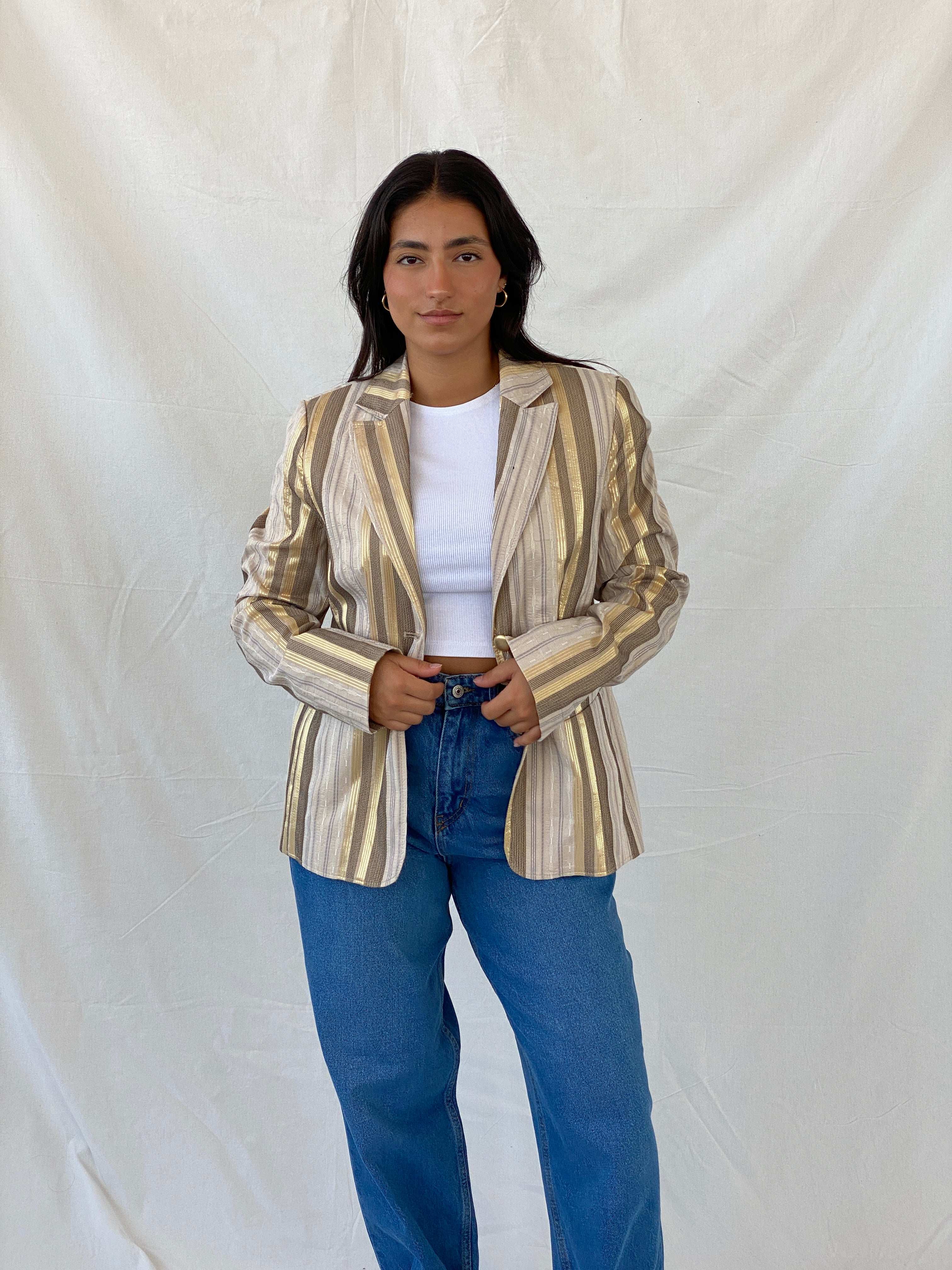 Vintage No 1 Mode Express Striped Beige and Gold Blazer - L - Balagan Vintage Blazer 90s, blazer, Lana, striped