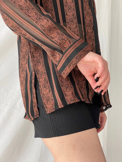 Vintage Noble Pretty Brown Floral Striped Sheer Long Sleeve Women’s Button Shirt - M - Balagan Vintage Full sleeve Shirt 00s, Ayah, consignment, floral shirt, full sleeve shirt, shirt, Tojan, Top, women shirt, women top