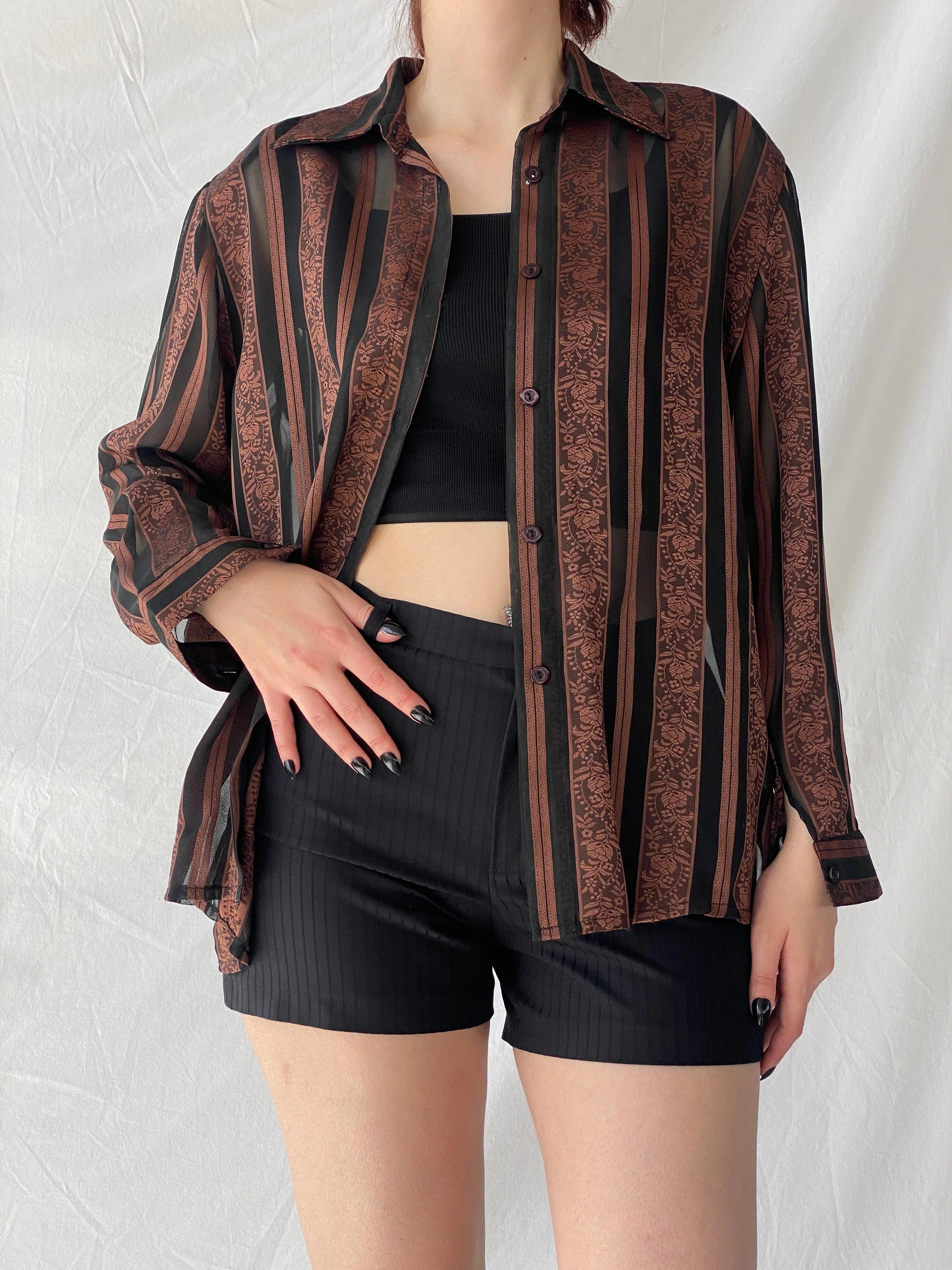 Vintage Noble Pretty Brown Floral Striped Sheer Long Sleeve Women’s Button Shirt - M - Balagan Vintage Full sleeve Shirt 00s, Ayah, consignment, floral shirt, full sleeve shirt, NEW IN, shirt, Tojan, Top, women shirt, women top