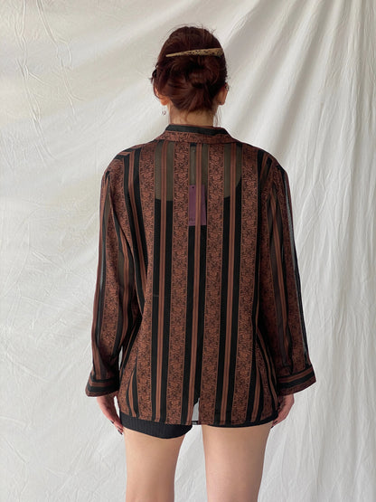 Vintage Noble Pretty Brown Floral Striped Sheer Long Sleeve Women’s Button Shirt - M - Balagan Vintage Full sleeve Shirt 00s, Ayah, consignment, floral shirt, full sleeve shirt, shirt, Tojan, Top, women shirt, women top