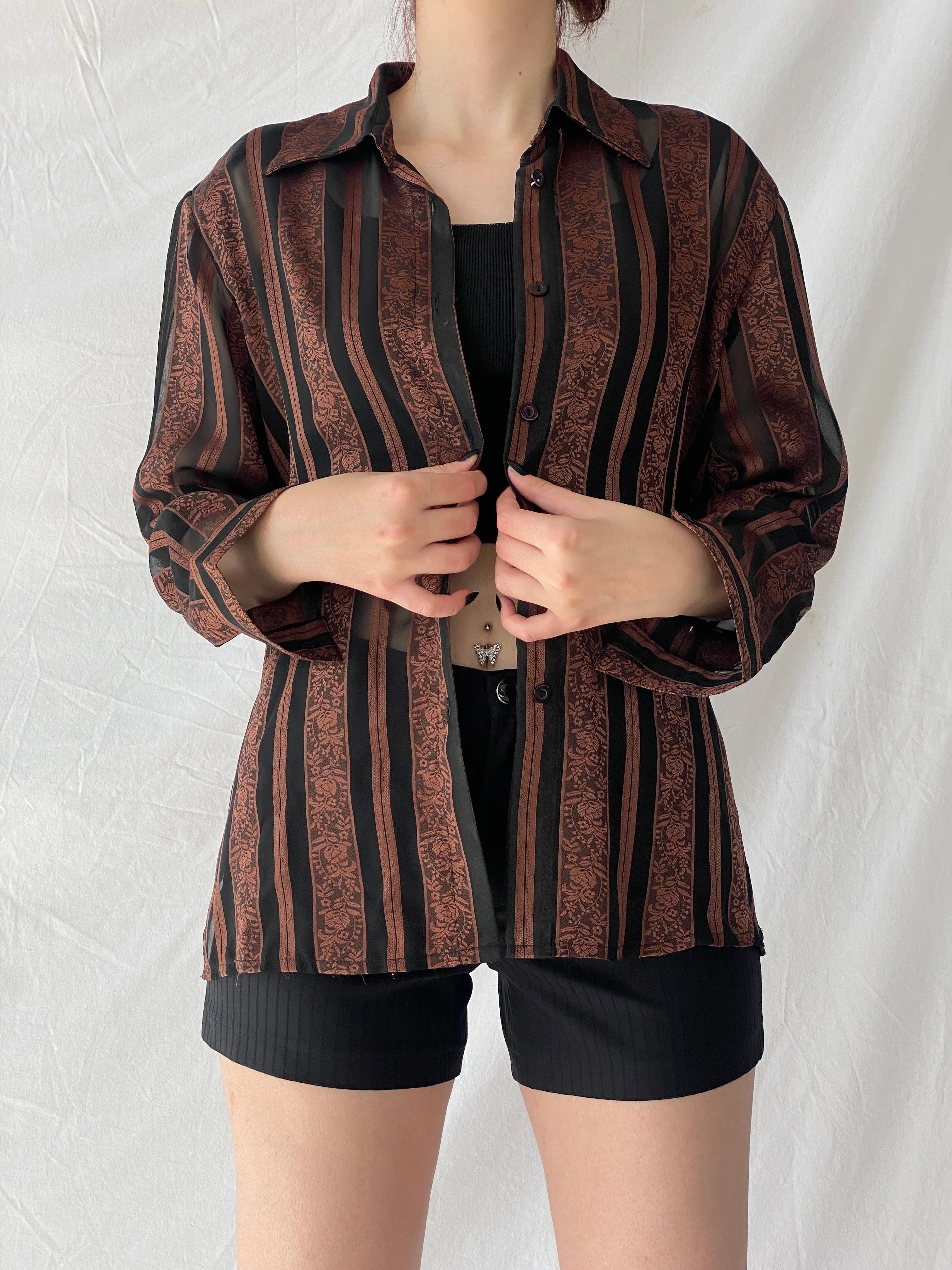 Vintage Noble Pretty Brown Floral Striped Sheer Long Sleeve Women’s Button Shirt - M - Balagan Vintage Full sleeve Shirt 00s, Ayah, consignment, floral shirt, full sleeve shirt, NEW IN, shirt, Tojan, Top, women shirt, women top