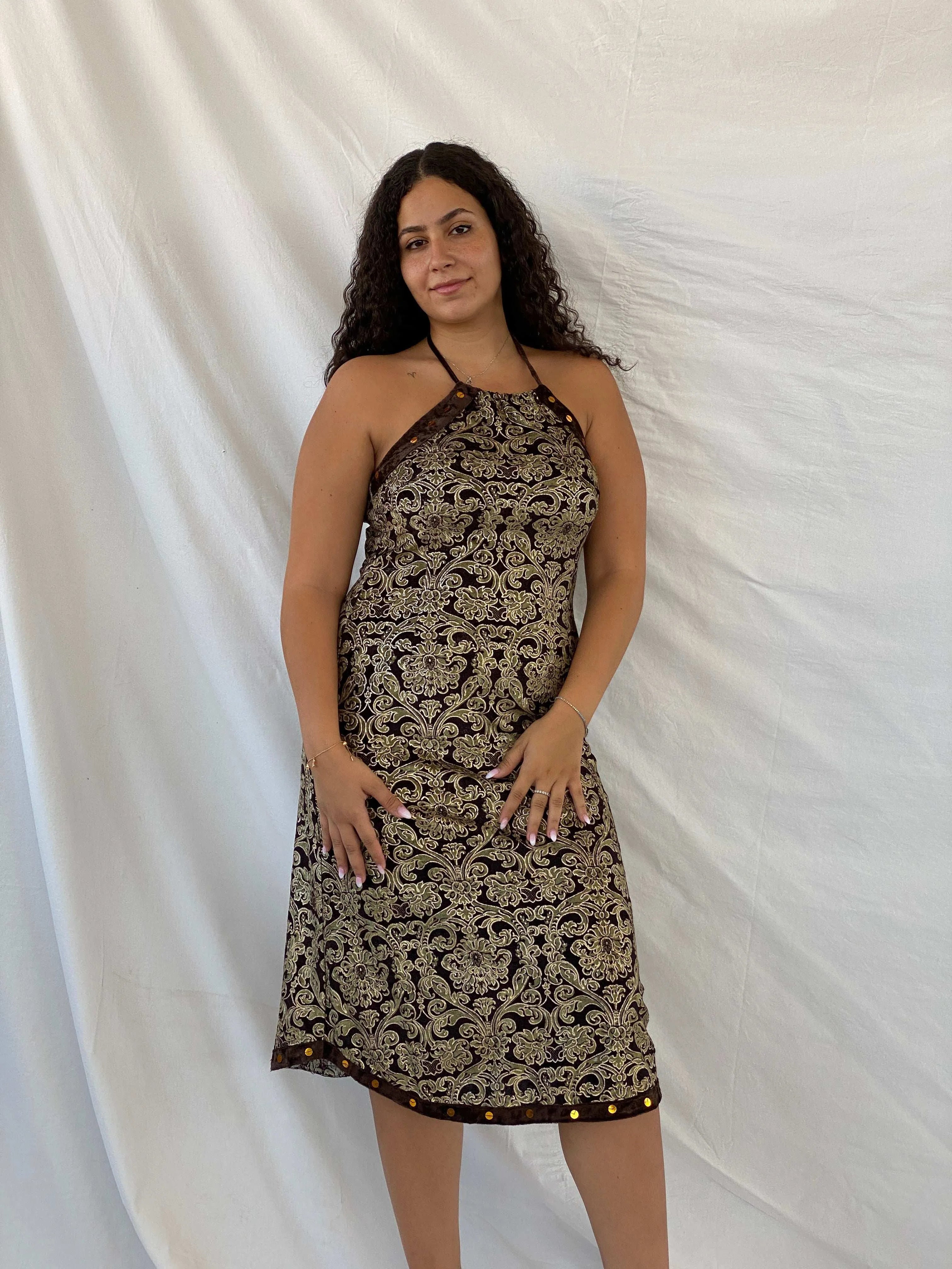 Vintage Nominal Brown & Gold Velvet Halter Midi Dress - M - Balagan Vintage Midi Dress Deals, Dina, midi dress, velvet dress