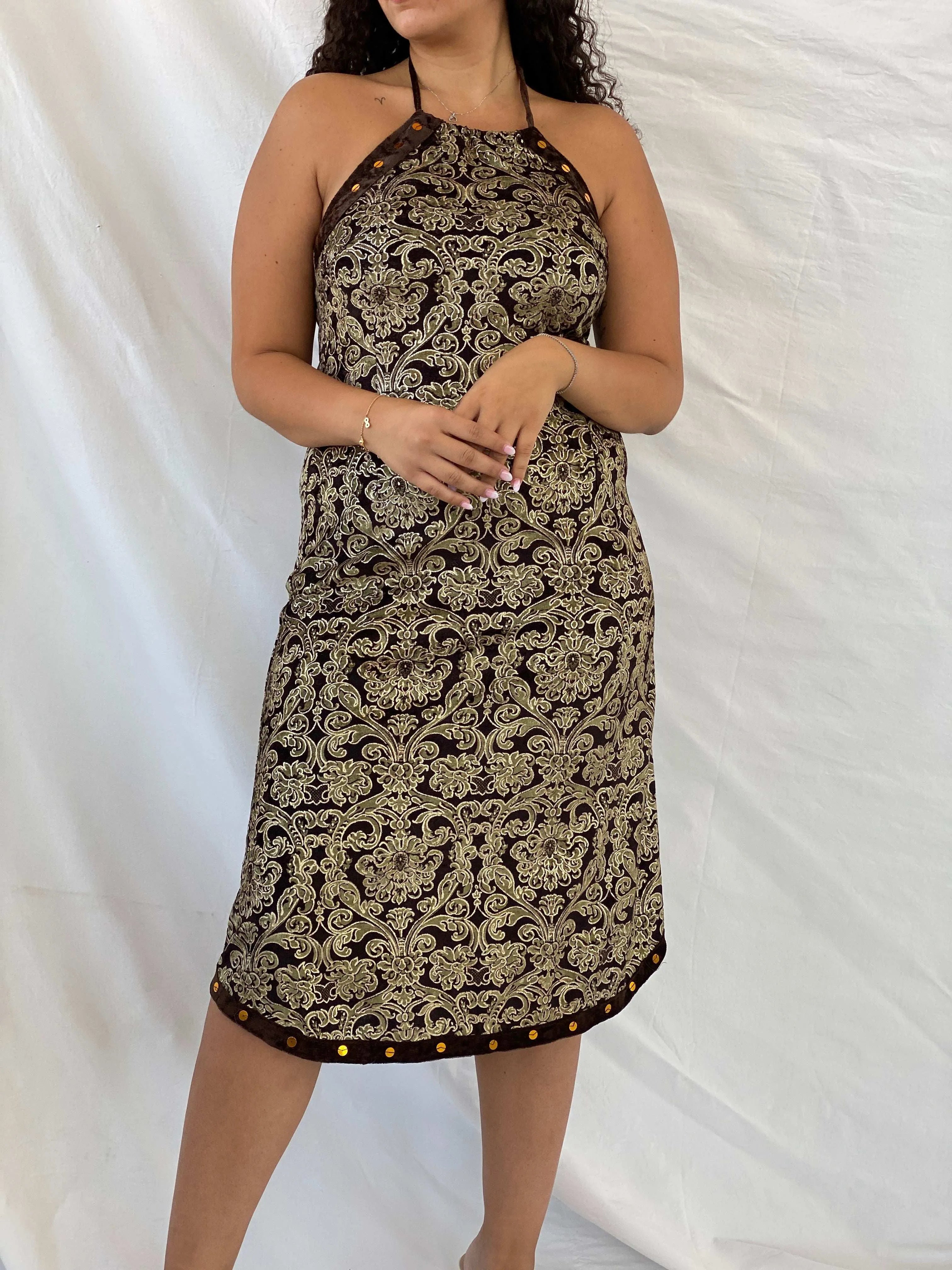 Vintage Nominal Brown & Gold Velvet Halter Midi Dress - M - Balagan Vintage Midi Dress Deals, Dina, midi dress, velvet dress