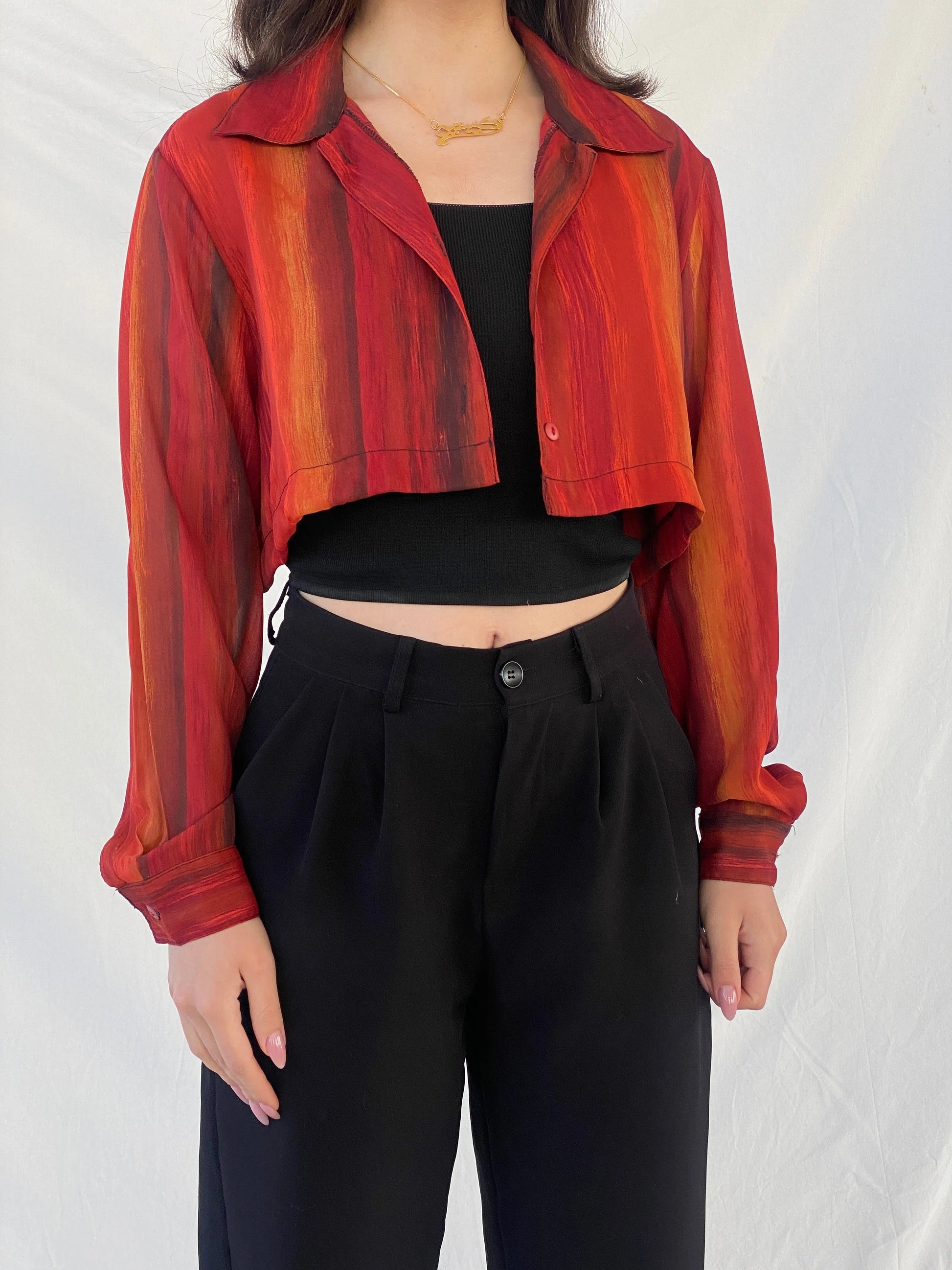 Vintage Notations Cropped Orange Full Sleeve Women’s Shirt - M - Balagan Vintage Cropped Shirt 90s, Christine, consignment, Cropped shirt, Tojan, winter