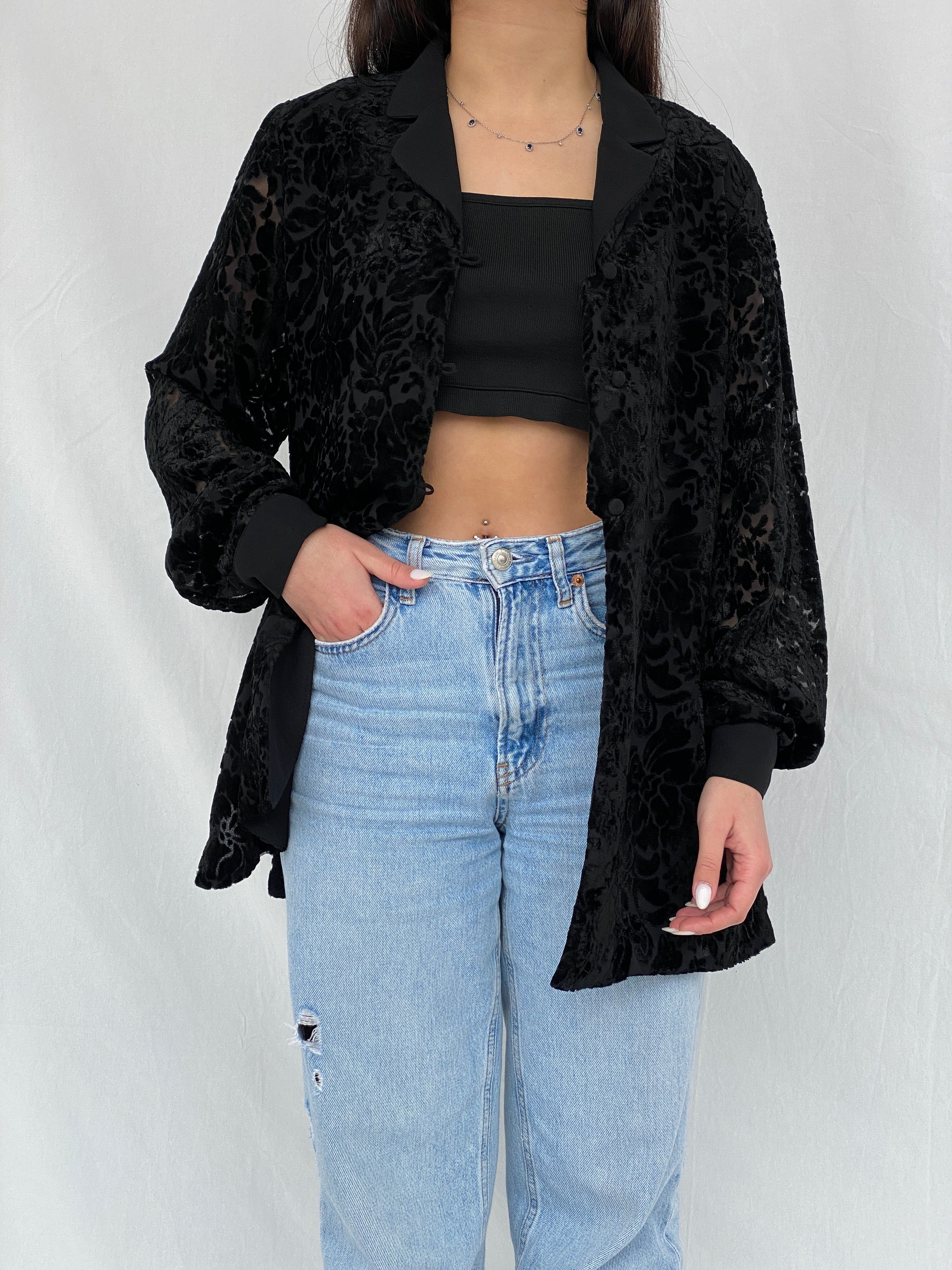 Vintage NYGÅRD Collection Black Velvet & Sheer Women’s Shirt - L - Balagan Vintage Full Sleeve Top 00s, Fatima, floral shirt, floral top, velvet, velvet top, women top