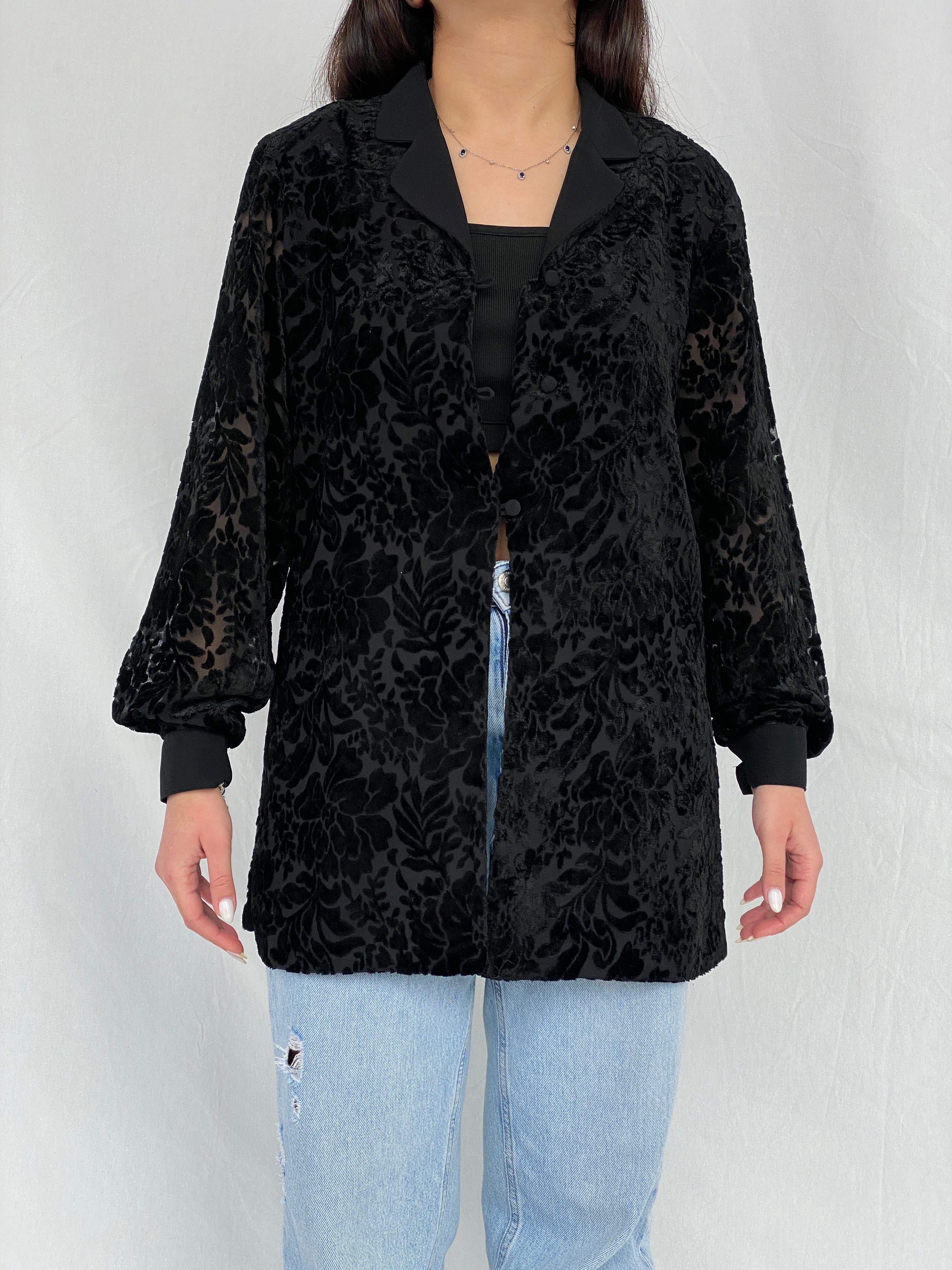 Vintage NYGÅRD Collection Black Velvet & Sheer Women’s Shirt - L - Balagan Vintage Full Sleeve Top 00s, Fatima, floral shirt, floral top, velvet, velvet top, women top