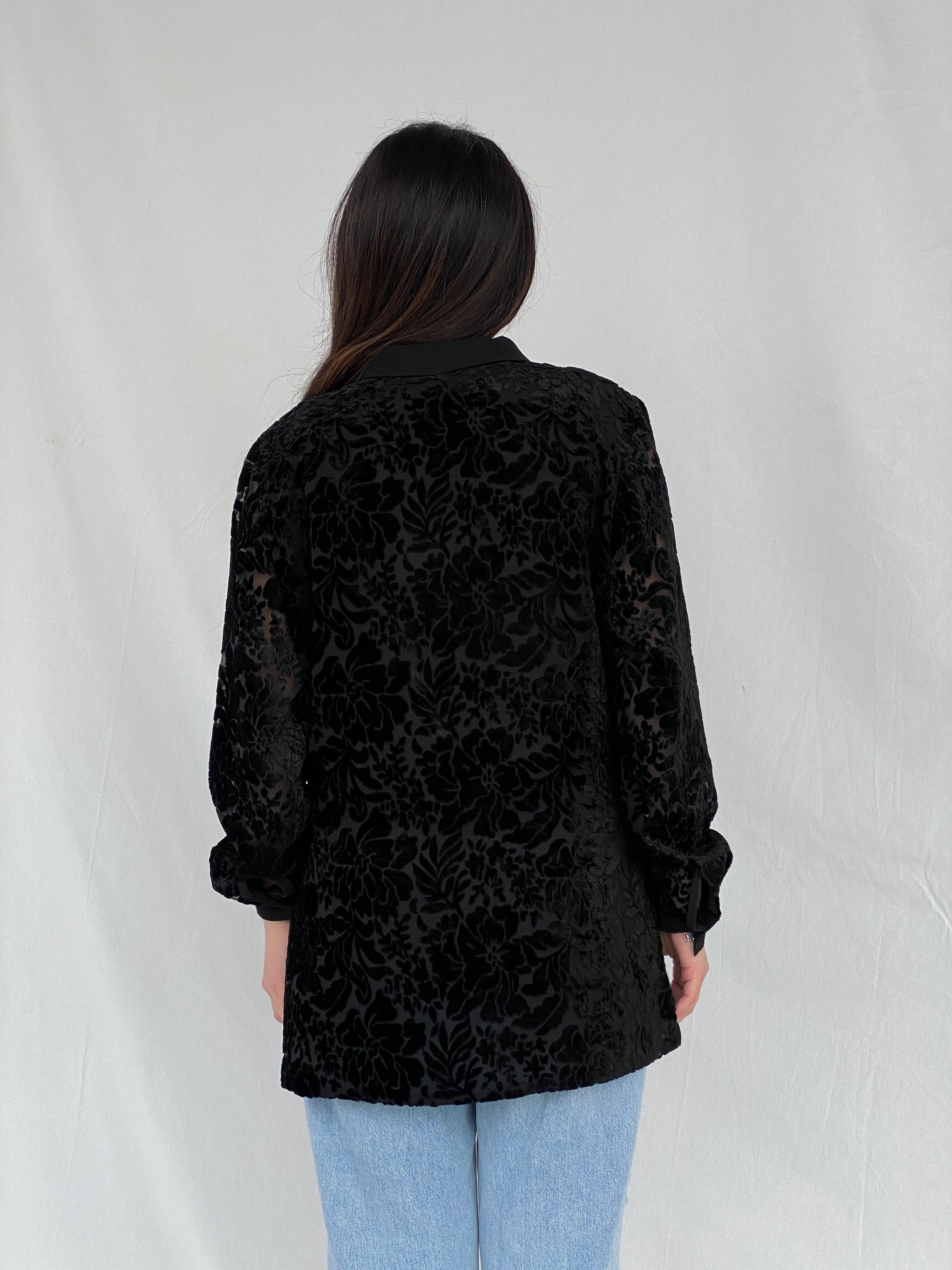 Vintage NYGÅRD Collection Black Velvet & Sheer Women’s Shirt - L - Balagan Vintage Full Sleeve Top 00s, Fatima, floral shirt, floral top, velvet, velvet top, women top