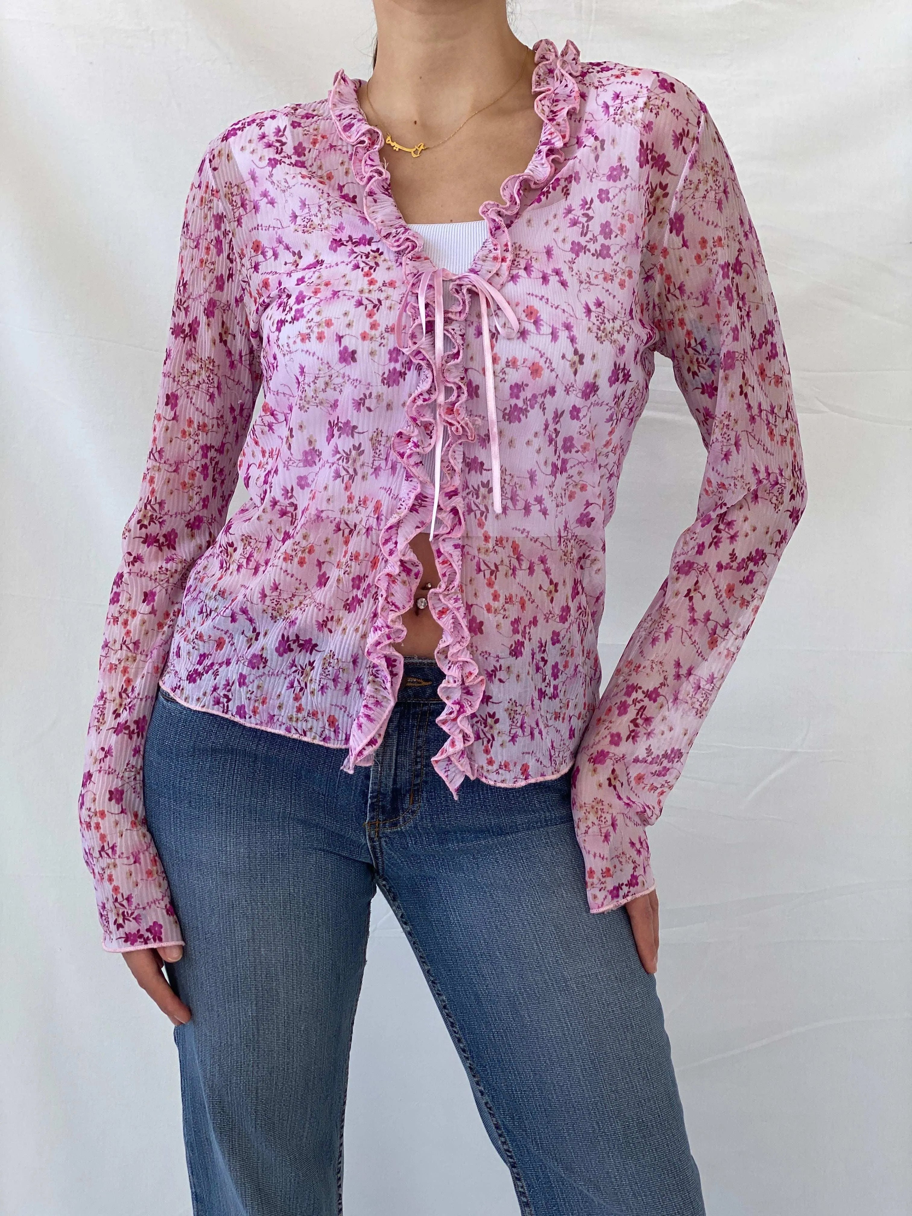 Vintage OCCO Paris Sheer Floral Tie Front Ruffled Cardigan - M - Balagan Vintage Full Sleeve Top 90s, cardigan, floral, floral mesh, full sleeve shirt, Mira, winter
