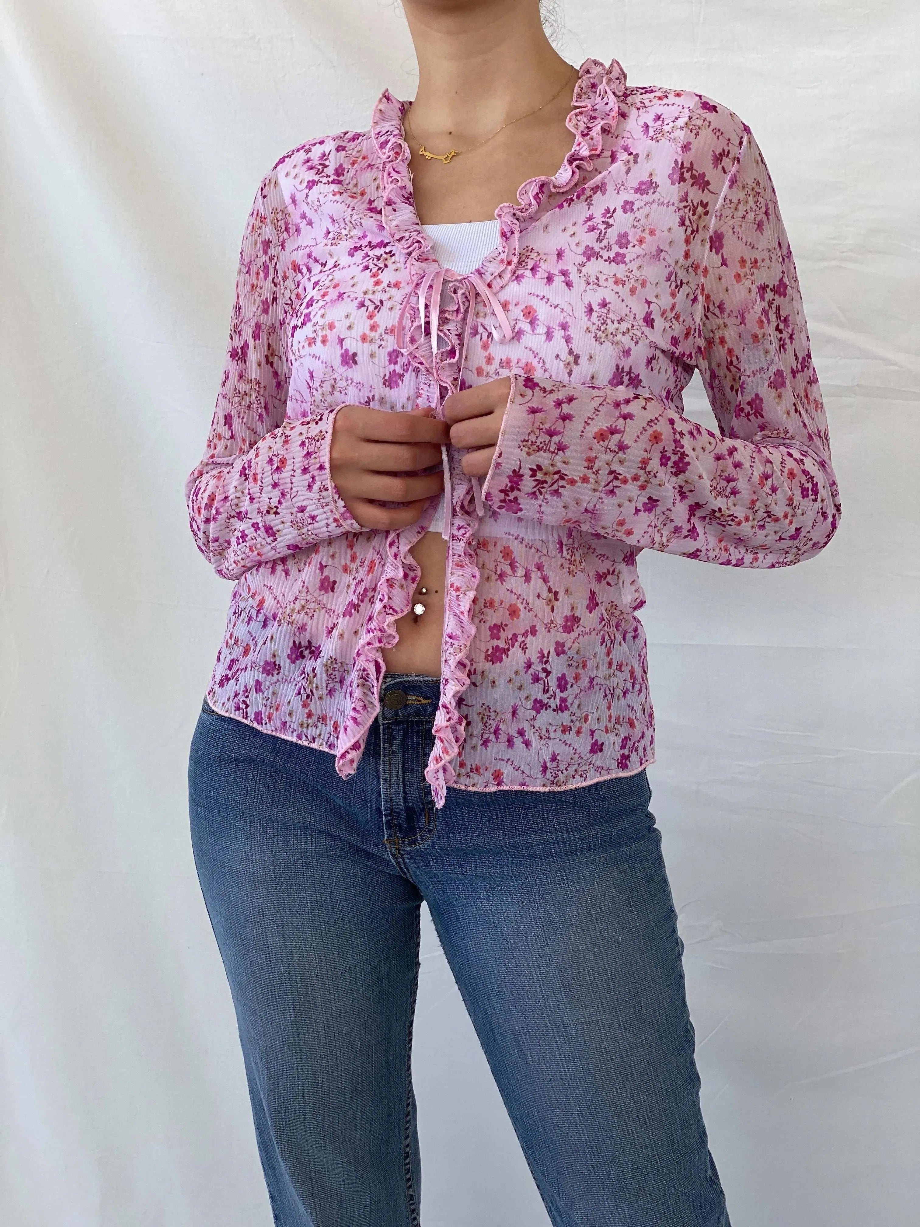 Vintage OCCO Paris Sheer Floral Tie Front Ruffled Cardigan - M - Balagan Vintage Full Sleeve Top 90s, cardigan, Deals, floral, floral mesh, full sleeve shirt, Mira, winter