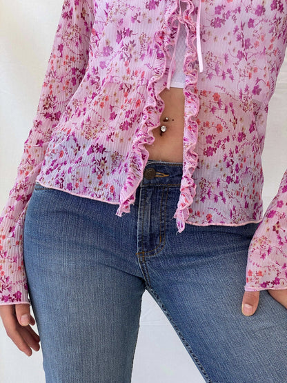 Vintage OCCO Paris Sheer Floral Tie Front Ruffled Cardigan - M - Balagan Vintage Full Sleeve Top 90s, cardigan, Deals, floral, floral mesh, full sleeve shirt, Mira, winter