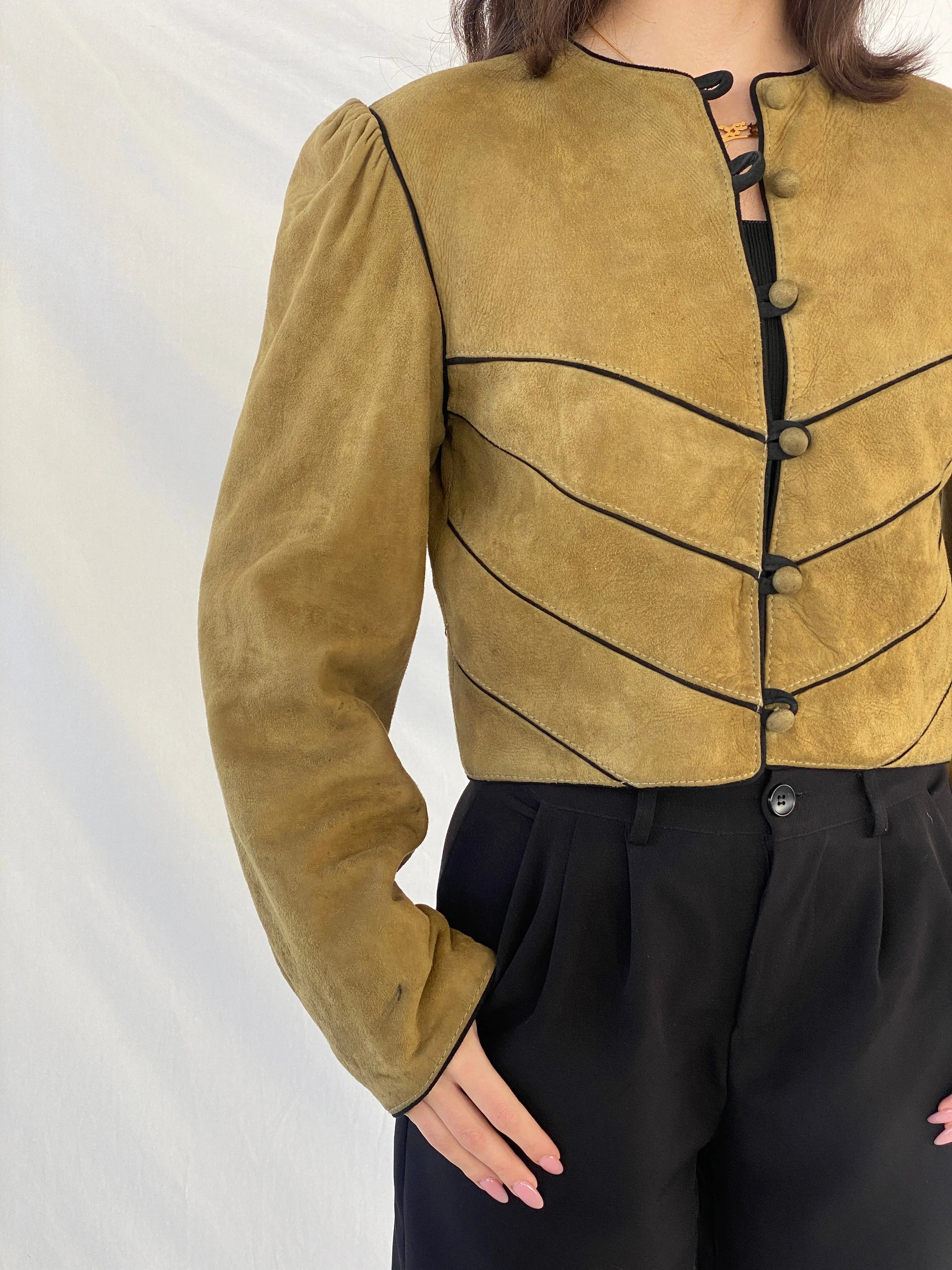 Vintage Olive Green Suede Trachten Buttoned Blazer Jacket - M - Balagan Vintage Leather Jacket 90s, Christine, Coats&Jackets, genuine leather, genuine leather jacket, leather blazer, leather jacket, winter, Women's Leather Jackets