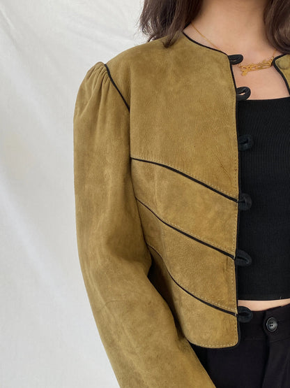 Vintage Olive Green Suede Trachten Buttoned Blazer Jacket - M - Balagan Vintage Leather Jacket 90s, Christine, Coats&Jackets, genuine leather, genuine leather jacket, leather blazer, leather jacket, winter, Women's Leather Jackets