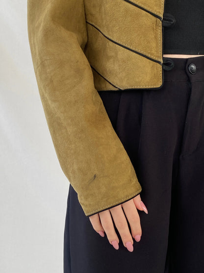 Vintage Olive Green Suede Trachten Buttoned Blazer Jacket - M - Balagan Vintage Leather Jacket 90s, Christine, Coats&Jackets, genuine leather, genuine leather jacket, leather blazer, leather jacket, winter, Women's Leather Jackets