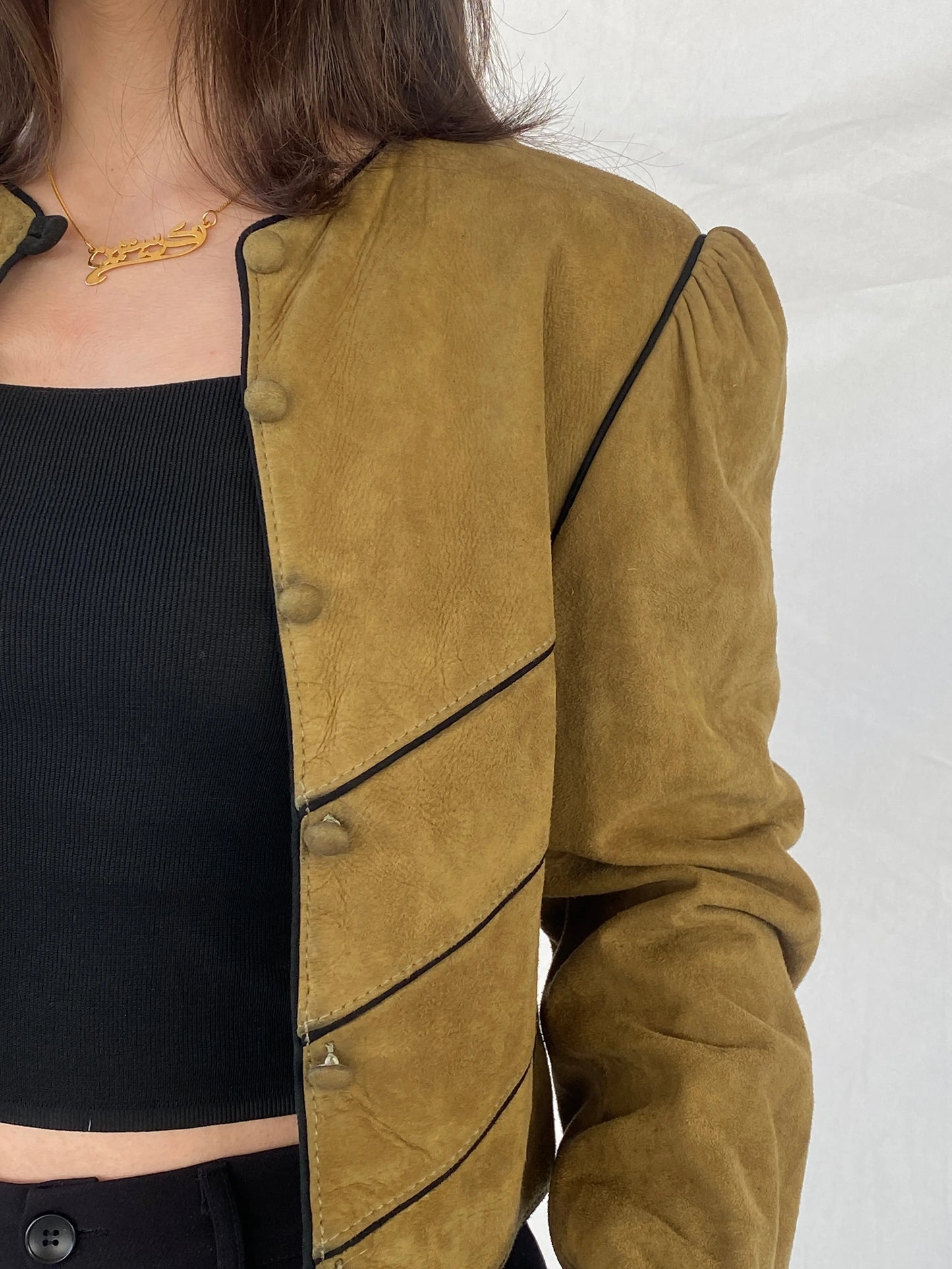 Vintage Olive Green Suede Trachten Buttoned Blazer Jacket - M - Balagan Vintage Leather Jacket 90s, Christine, Coats&Jackets, genuine leather, genuine leather jacket, leather blazer, leather jacket, winter, Women's Leather Jackets