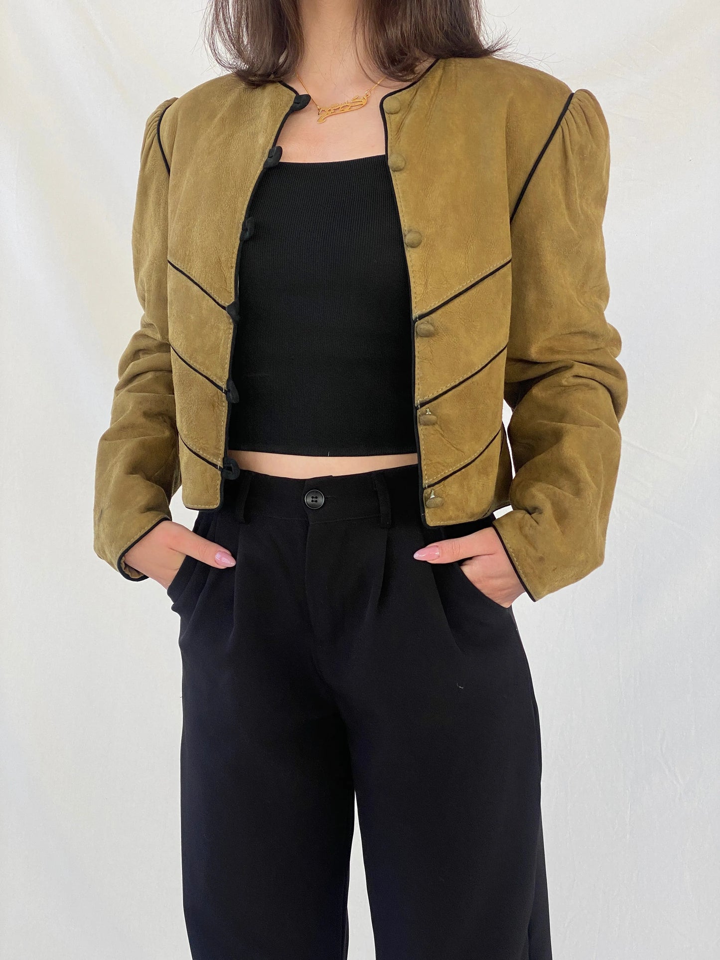 Vintage Olive Green Suede Trachten Buttoned Blazer Jacket - M - Balagan Vintage Leather Jacket 90s, Christine, Coats&Jackets, genuine leather, genuine leather jacket, leather blazer, leather jacket, winter, Women's Leather Jackets