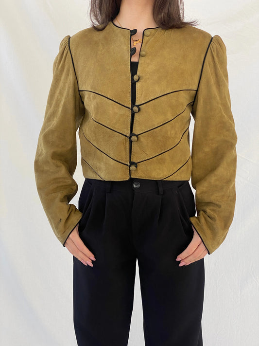 Vintage Olive Green Suede Trachten Buttoned Blazer Jacket - M - Balagan Vintage Leather Jacket 90s, Christine, Coats&Jackets, genuine leather, genuine leather jacket, leather blazer, leather jacket, winter, Women's Leather Jackets