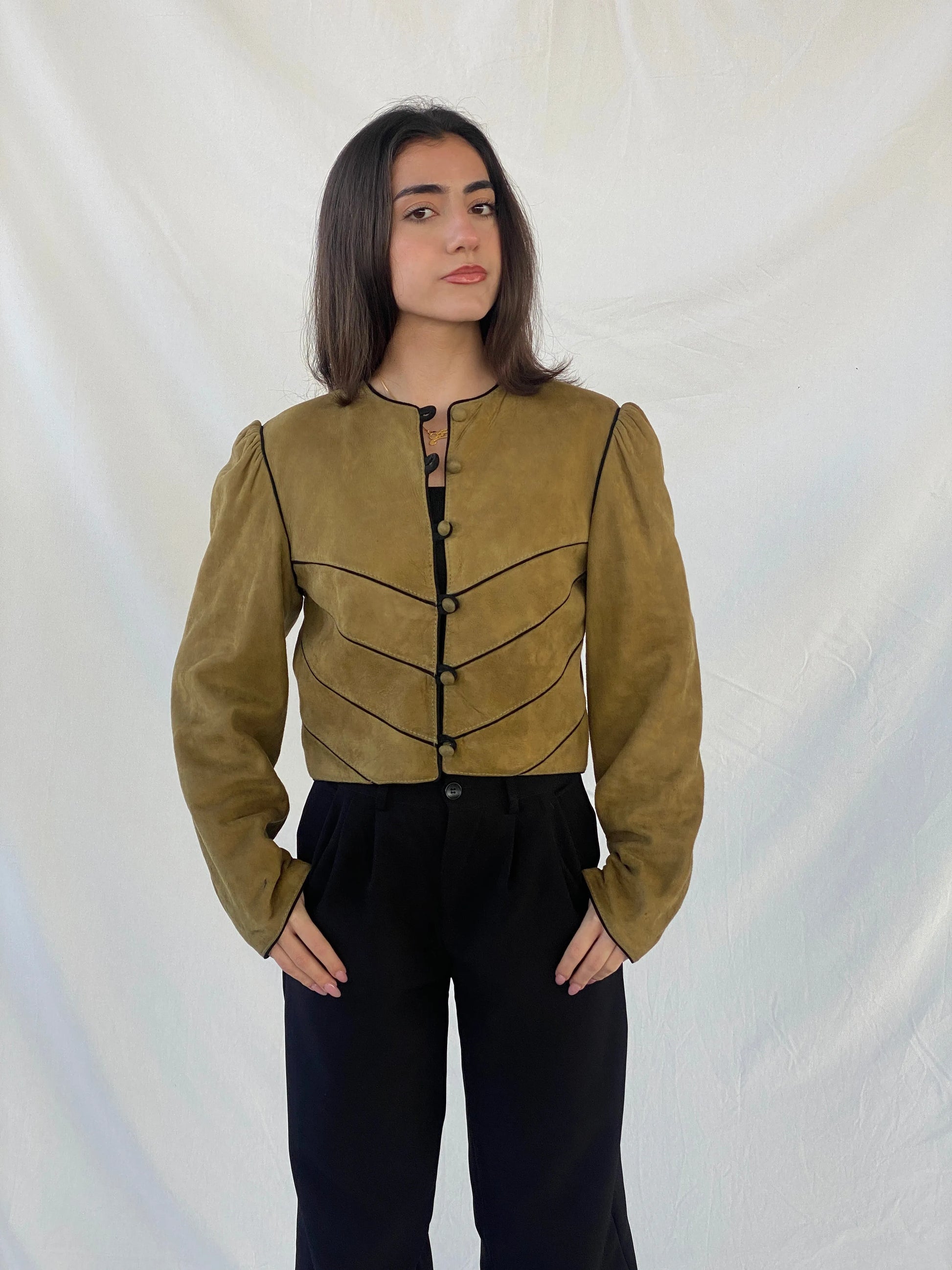 Vintage Olive Green Suede Trachten Buttoned Blazer Jacket - M - Balagan Vintage Leather Jacket 90s, Christine, Coats&Jackets, genuine leather, genuine leather jacket, leather blazer, leather jacket, winter, Women's Leather Jackets