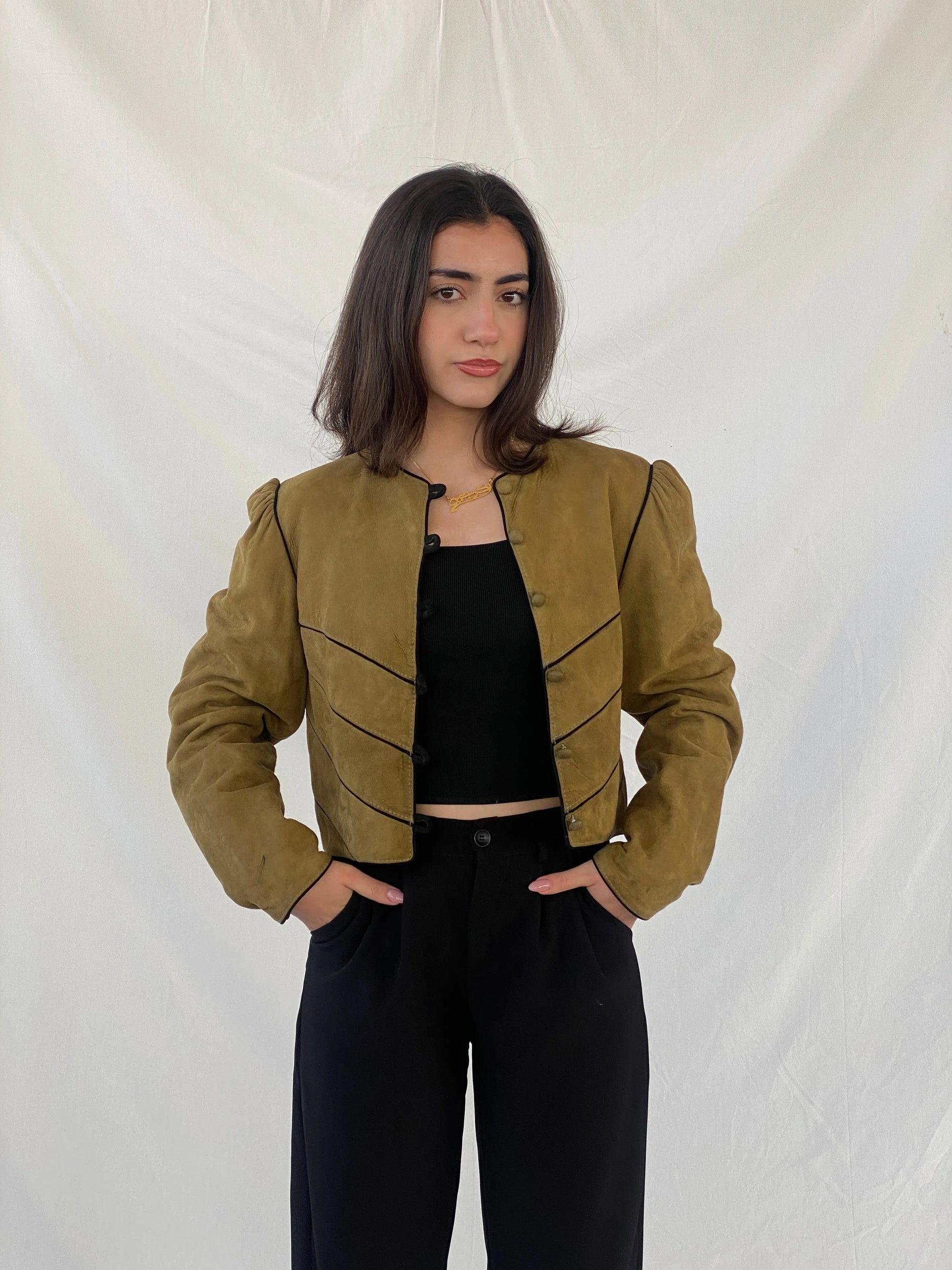 Vintage Olive Green Suede Trachten Buttoned Blazer Jacket - M - Balagan Vintage Leather Jacket 90s, Christine, Coats&Jackets, genuine leather, genuine leather jacket, leather blazer, leather jacket, winter, Women's Leather Jackets