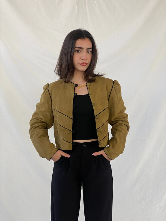 Vintage Olive Green Suede Trachten Buttoned Blazer Jacket - M - Balagan Vintage Leather Jacket 90s, Christine, Coats&Jackets, genuine leather, genuine leather jacket, leather blazer, leather jacket, winter, Women's Leather Jackets