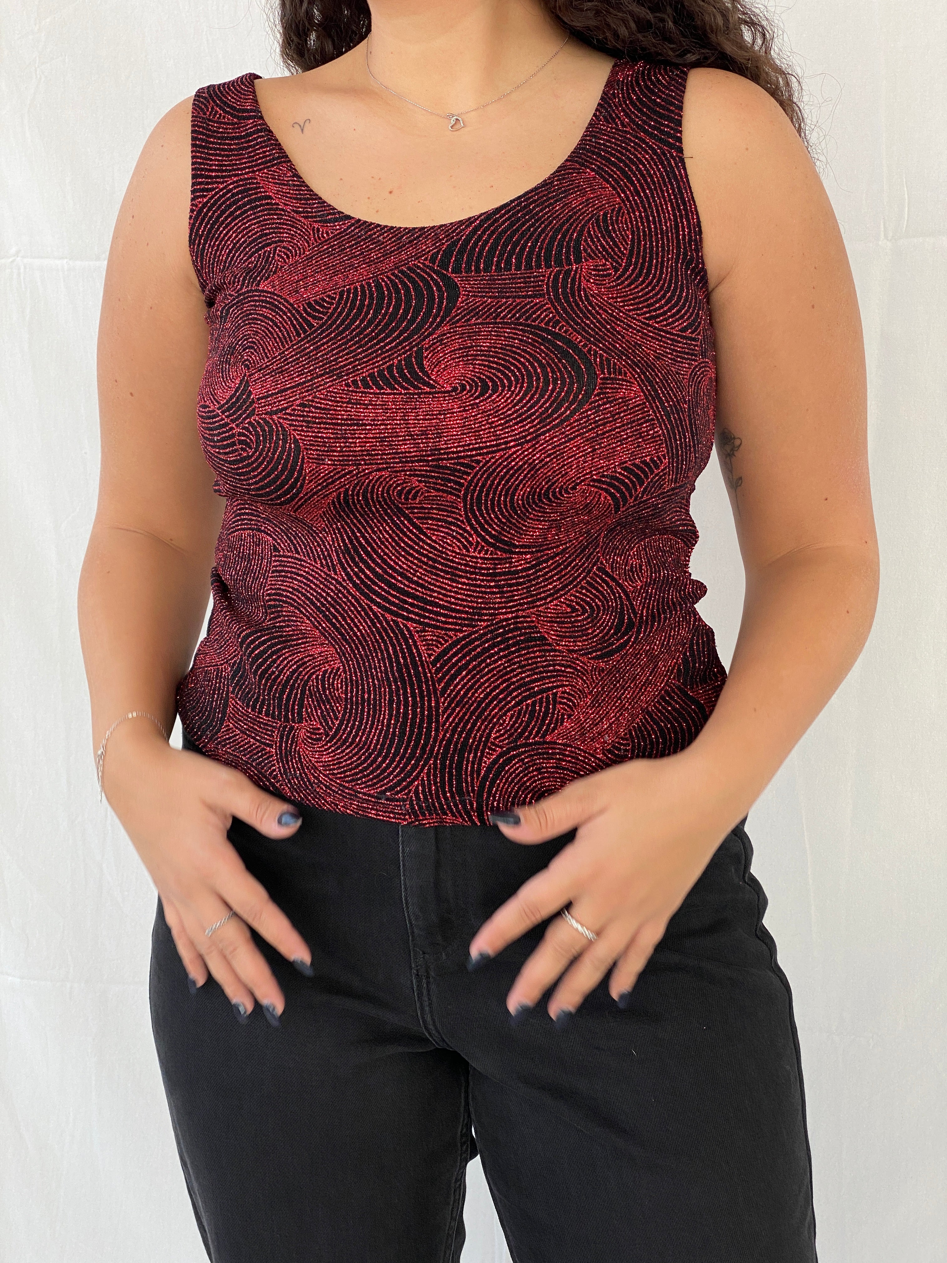 Vintage ONYX Nite Shimmery Red Groovy Sleeveless Party Top - M - Balagan Vintage Sleeveless Top 00s, 90s, Dina, groovy, mesh