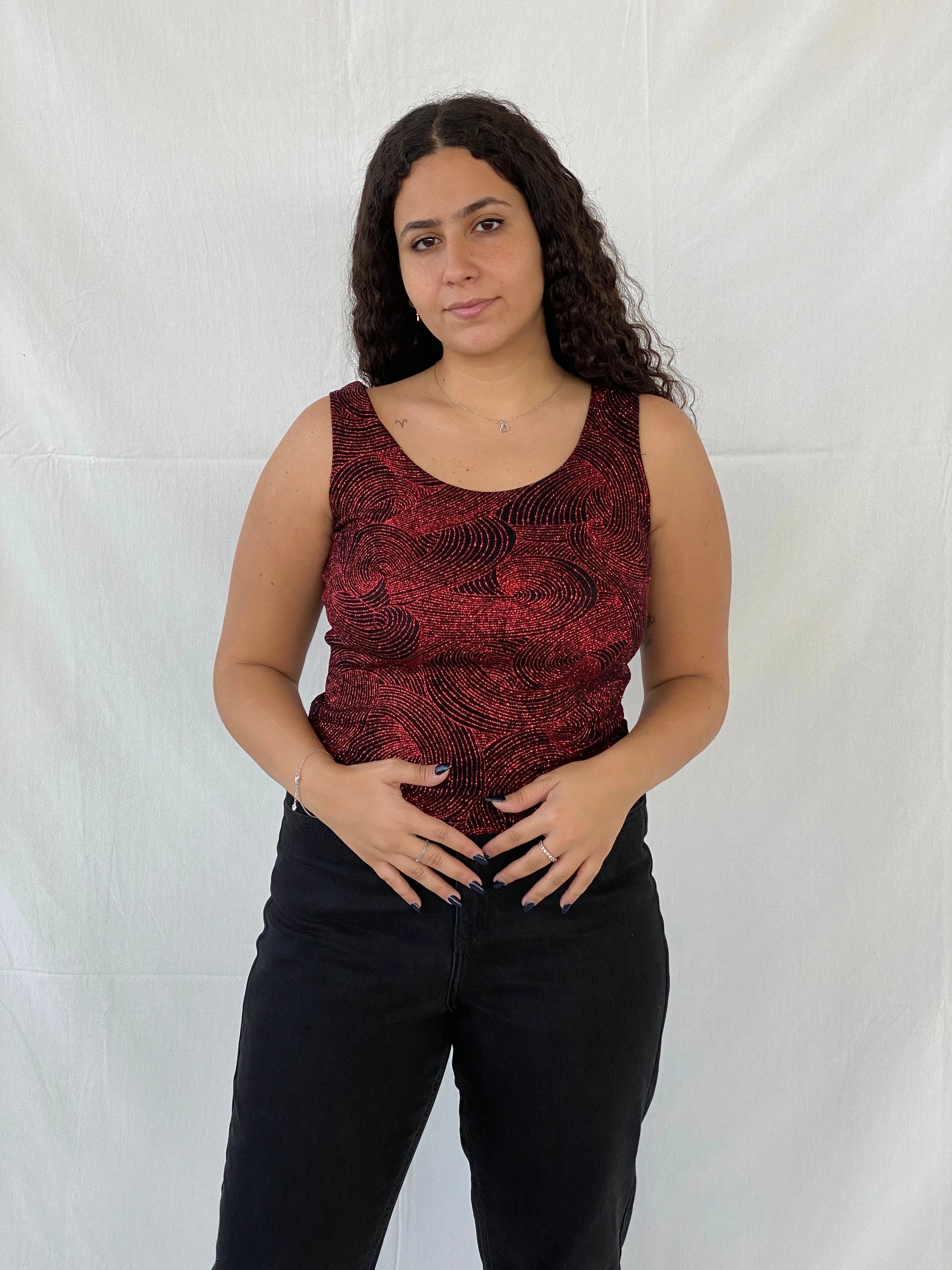 Vintage ONYX Nite Shimmery Red Groovy Sleeveless Party Top - M - Balagan Vintage Sleeveless Top 00s, 90s, Dina, groovy, mesh