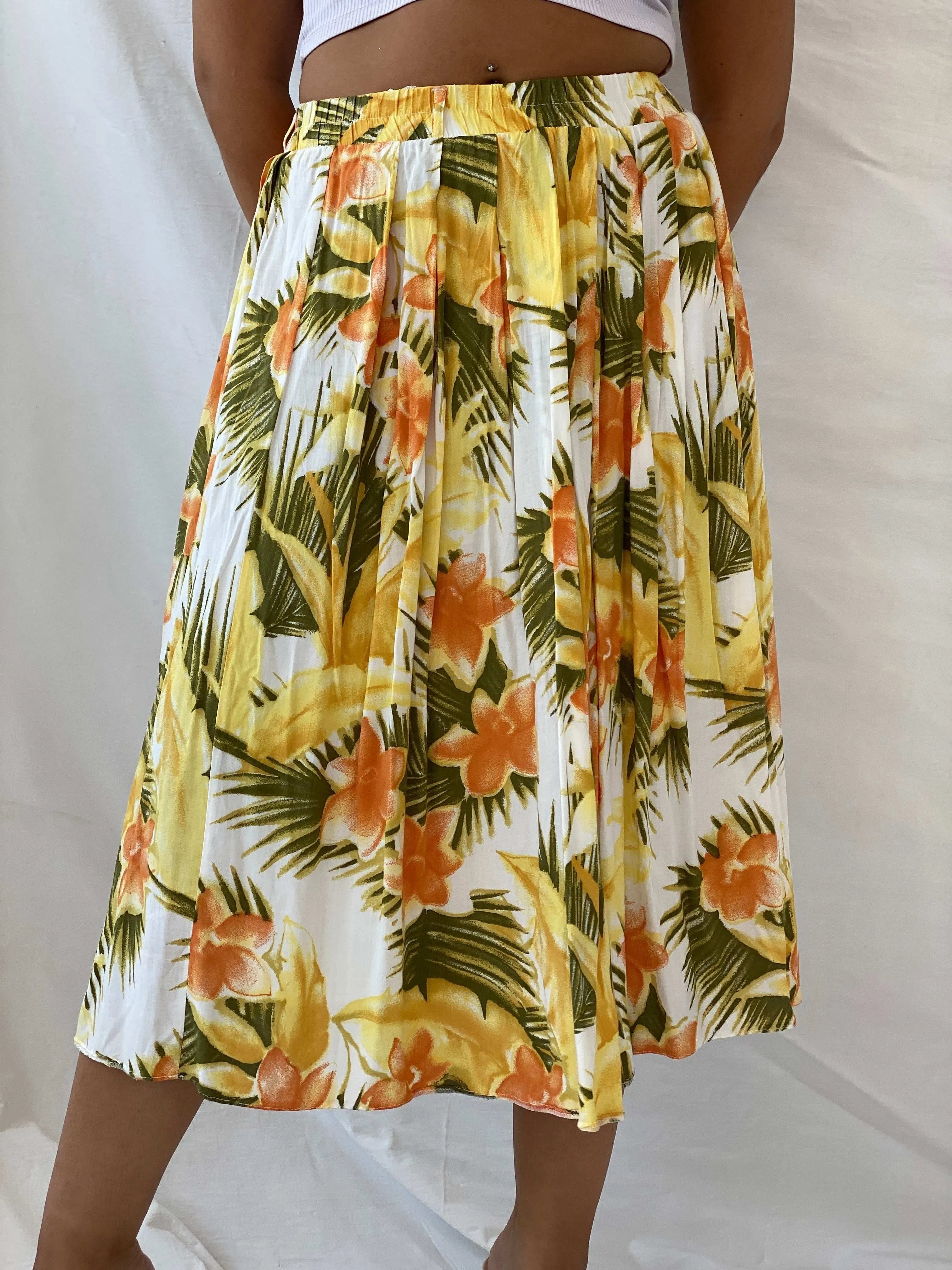 Vintage Orange & Yellow Tropical Print Midi Skirt - L - Balagan Vintage Midi Skirt 00s, 90s, Deals, Dina, floral skirt, midi skirt, women skirt