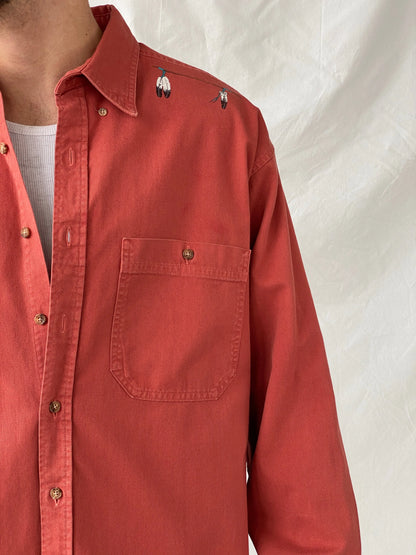 Vintage Orange Men’s Hand Painted Western Cowboy Long Sleeve Cotton Shirt - L - Balagan Vintage Full Sleeve Shirt cotton shirt, cowboy, full sleeve shirt, Hamza, handmade, mens shirt, shirt