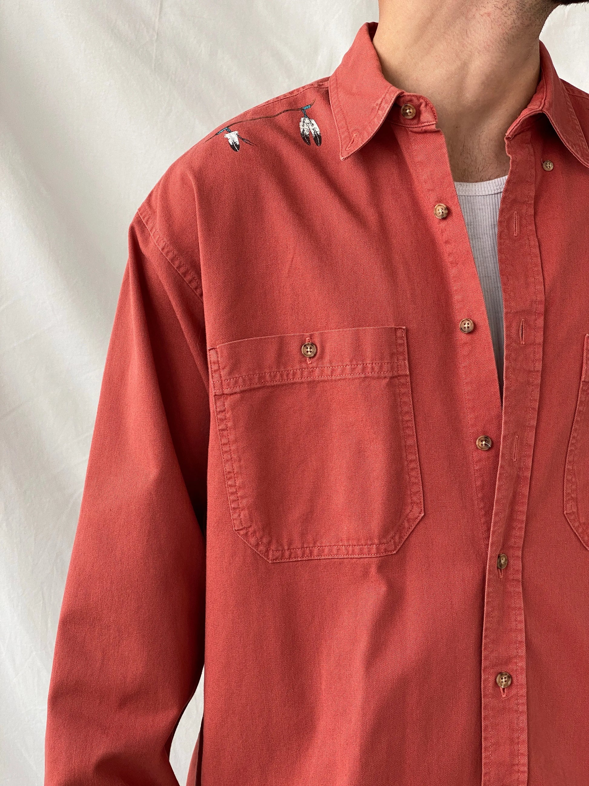 Vintage Orange Men’s Hand Painted Western Cowboy Long Sleeve Cotton Shirt - L - Balagan Vintage Full Sleeve Shirt cotton shirt, cowboy, full sleeve shirt, Hamza, handmade, mens shirt, shirt