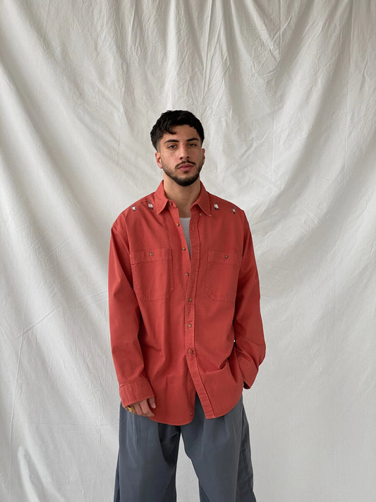 Vintage Orange Men’s Hand Painted Western Cowboy Long Sleeve Cotton Shirt - L - Balagan Vintage Full Sleeve Shirt cotton shirt, cowboy, full sleeve shirt, Hamza, handmade, mens shirt, shirt