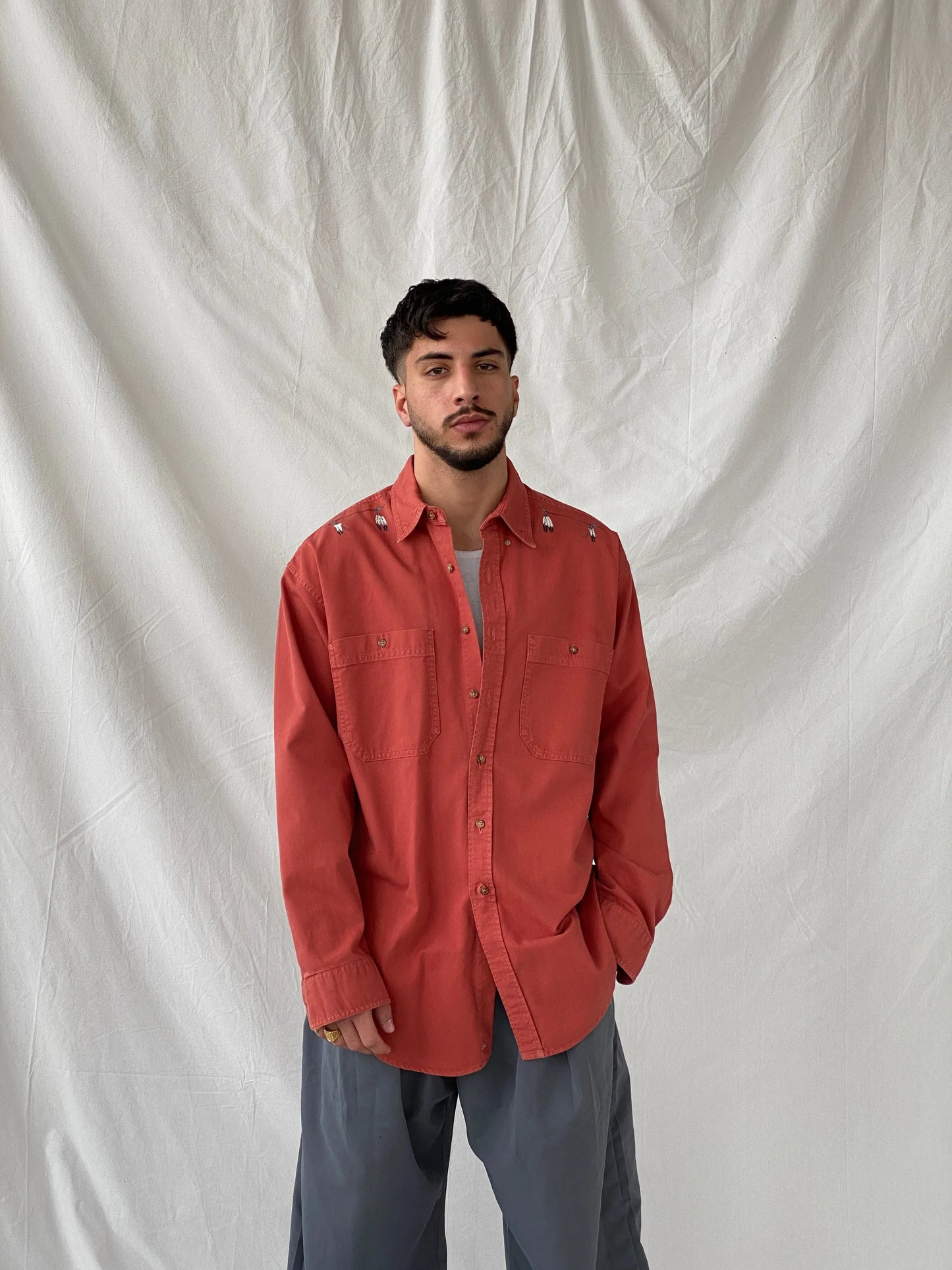 Vintage Orange Men’s Hand Painted Western Cowboy Long Sleeve Cotton Shirt - L - Balagan Vintage Full Sleeve Shirt cotton shirt, cowboy, full sleeve shirt, Hamza, handmade, mens shirt, shirt