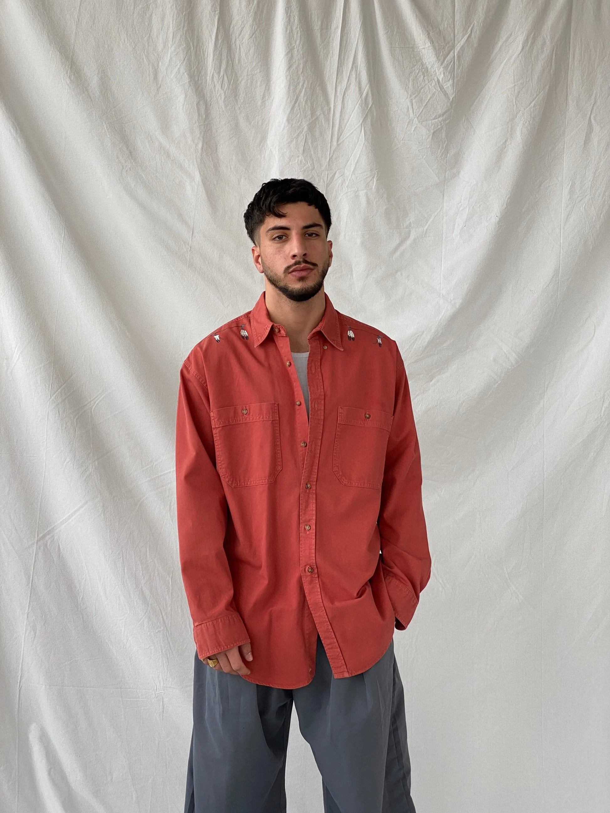 Vintage Orange Men’s Hand Painted Western Cowboy Long Sleeve Cotton Shirt - L - Balagan Vintage Full Sleeve Shirt cotton shirt, cowboy, full sleeve shirt, Hamza, handmade, mens shirt, shirt