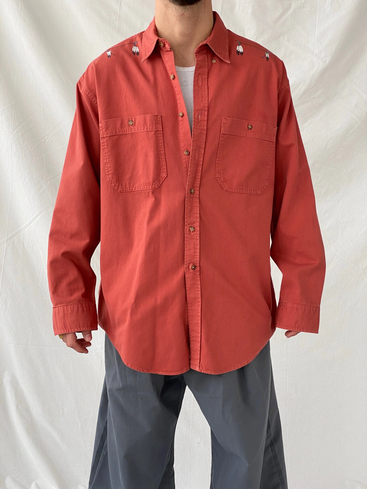 Vintage Orange Men’s Hand Painted Western Cowboy Long Sleeve Cotton Shirt - L - Balagan Vintage Full Sleeve Shirt cotton shirt, cowboy, full sleeve shirt, Hamza, handmade, mens shirt, shirt