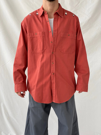 Vintage Orange Men’s Hand Painted Western Cowboy Long Sleeve Cotton Shirt - L - Balagan Vintage Full Sleeve Shirt cotton shirt, cowboy, full sleeve shirt, Hamza, handmade, mens shirt, shirt