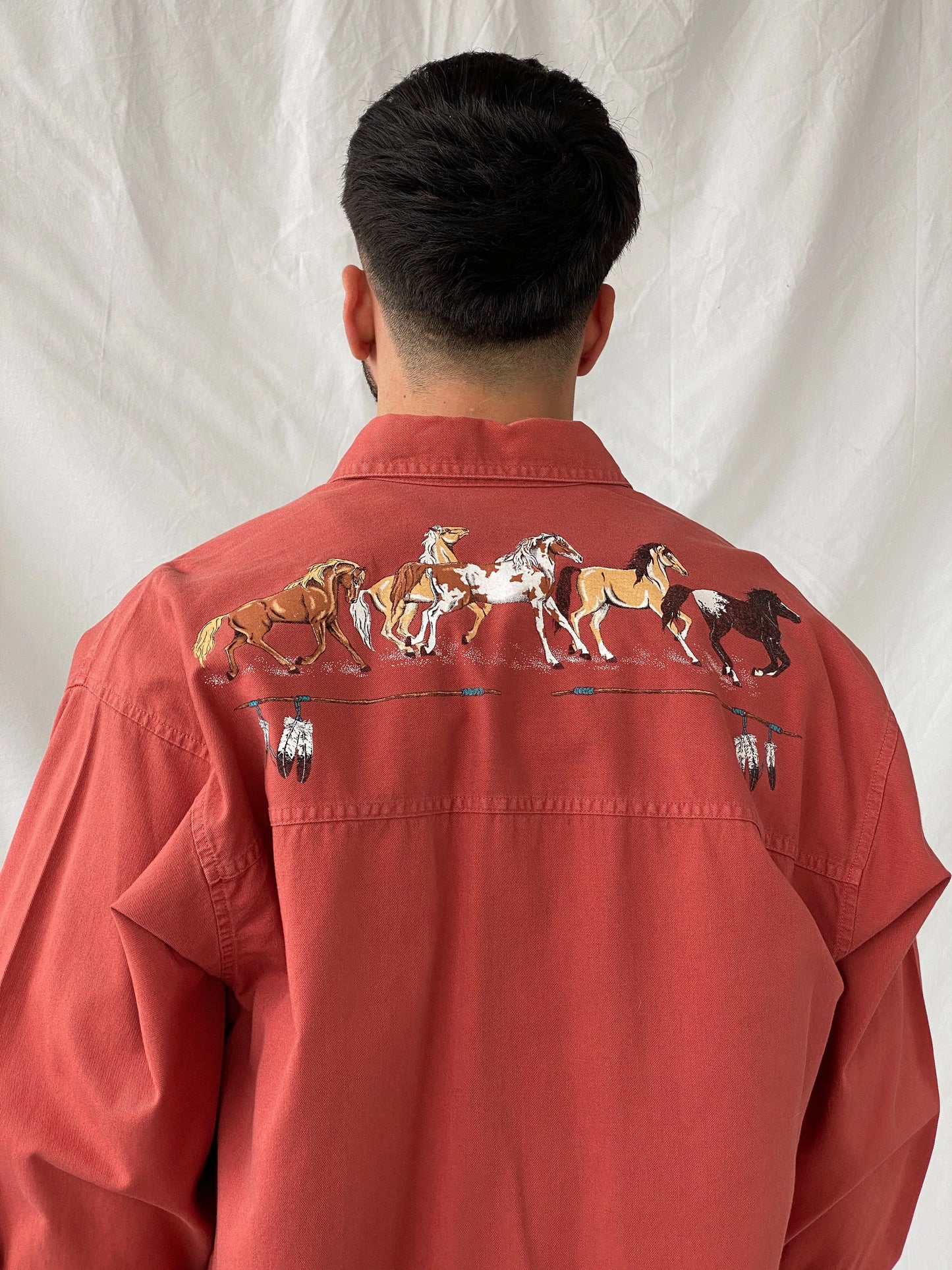 Vintage Orange Men’s Hand Painted Western Cowboy Long Sleeve Cotton Shirt - L - Balagan Vintage Full Sleeve Shirt cotton shirt, cowboy, full sleeve shirt, Hamza, handmade, mens shirt, shirt