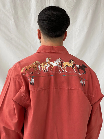 Vintage Orange Men’s Hand Painted Western Cowboy Long Sleeve Cotton Shirt - L - Balagan Vintage Full Sleeve Shirt cotton shirt, cowboy, full sleeve shirt, Hamza, handmade, mens shirt, shirt