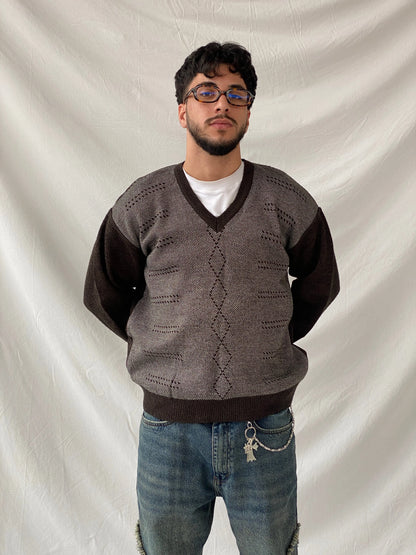 Vintage ÖzSalih Collection Brown Jumper V-Neck Knitted Sweater - M - Balagan Vintage Sweater 90s, Hamza, knit, knitted, knitted sweater, men, streetwear, vintage, vintage sweater, winter